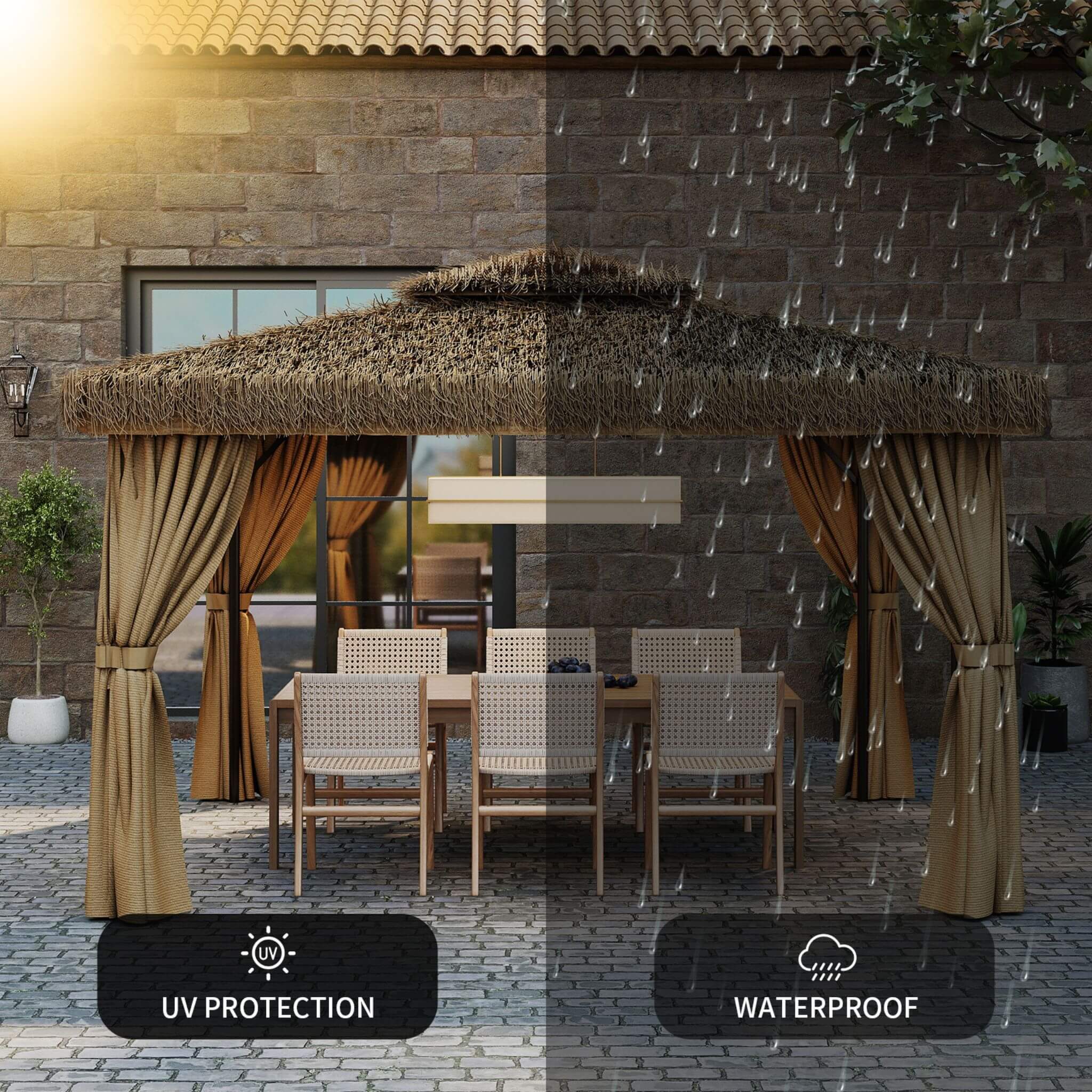 Alora Outdoor Double Canopy Aluminum Patio Gazebo With Hawaiian Thatch Roof (SAK39068) - Image 4