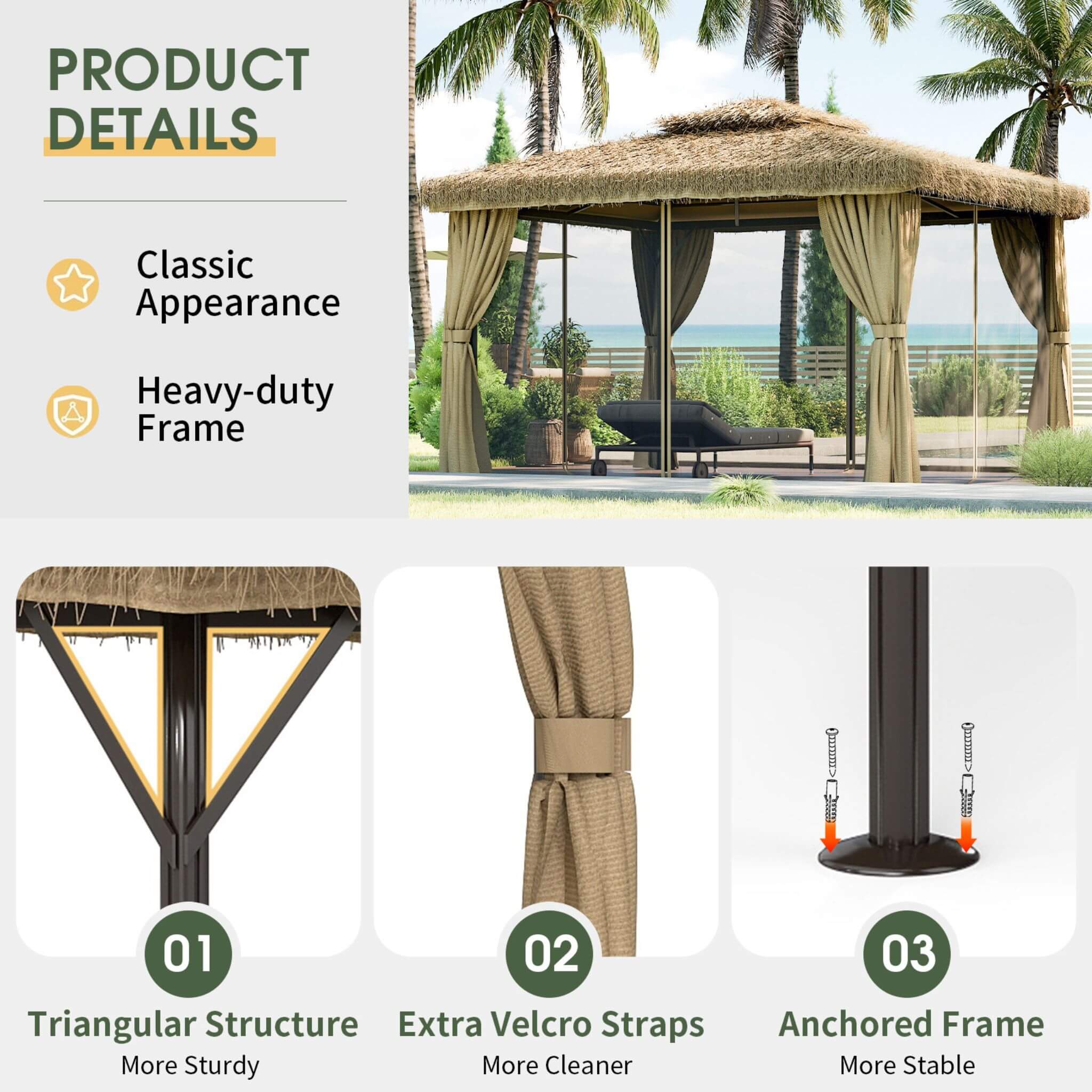 Alora Outdoor Double Canopy Aluminum Patio Gazebo With Hawaiian Thatch Roof (SAK39068) - Image 6