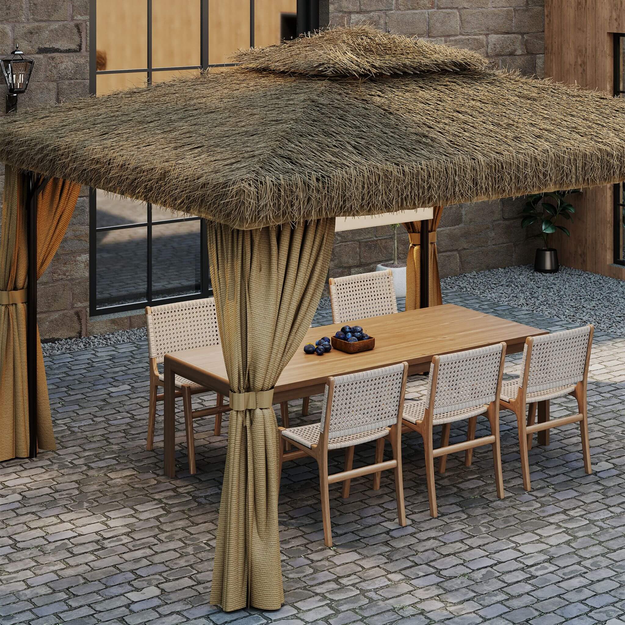 Alora Outdoor Double Canopy Aluminum Patio Gazebo With Hawaiian Thatch Roof (SAK39068) - Image 8