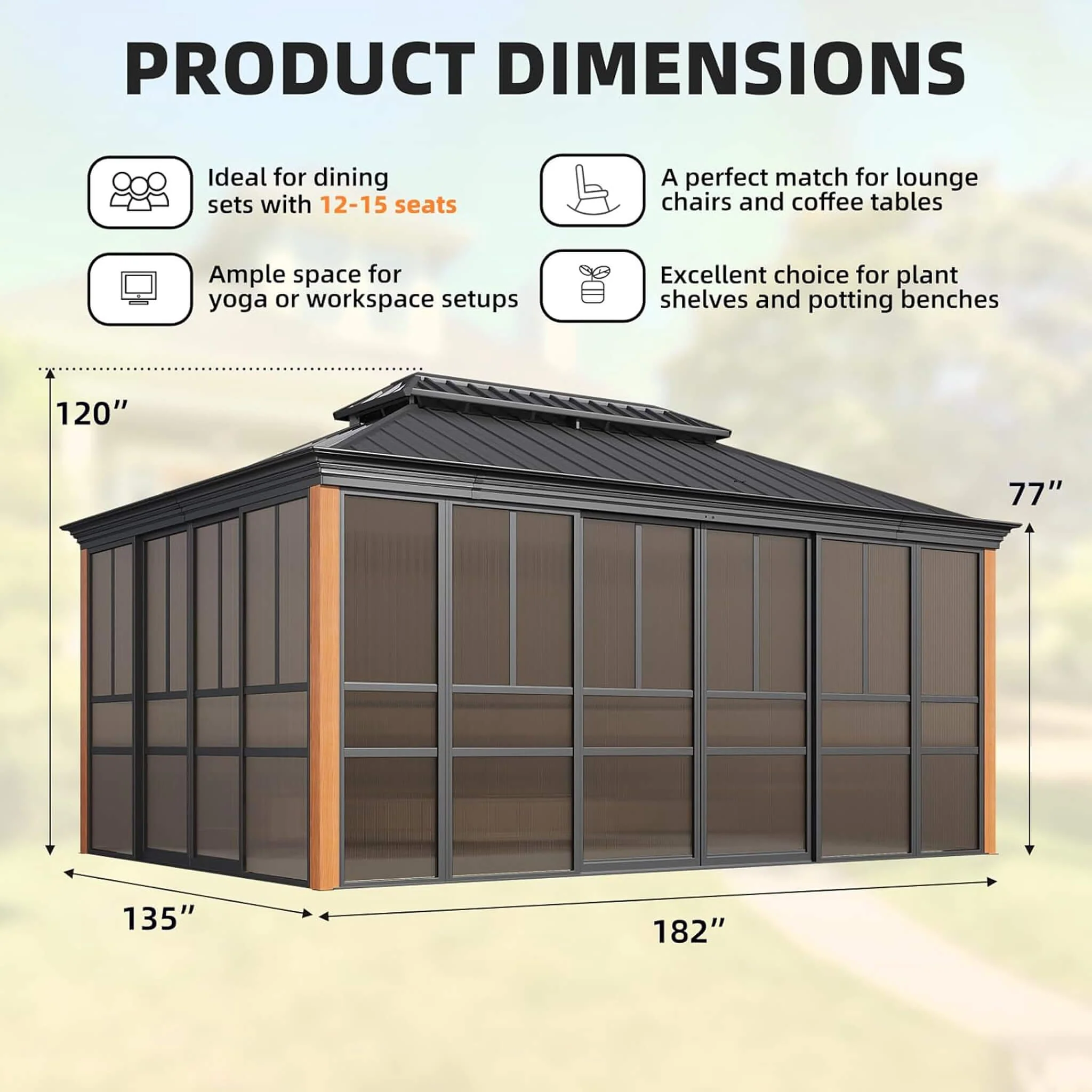 Alora Premium All-Season Outdoor Wood Grain Sunroom With Sliding Doors And Double Top Roof (SAK58317) - Image 10