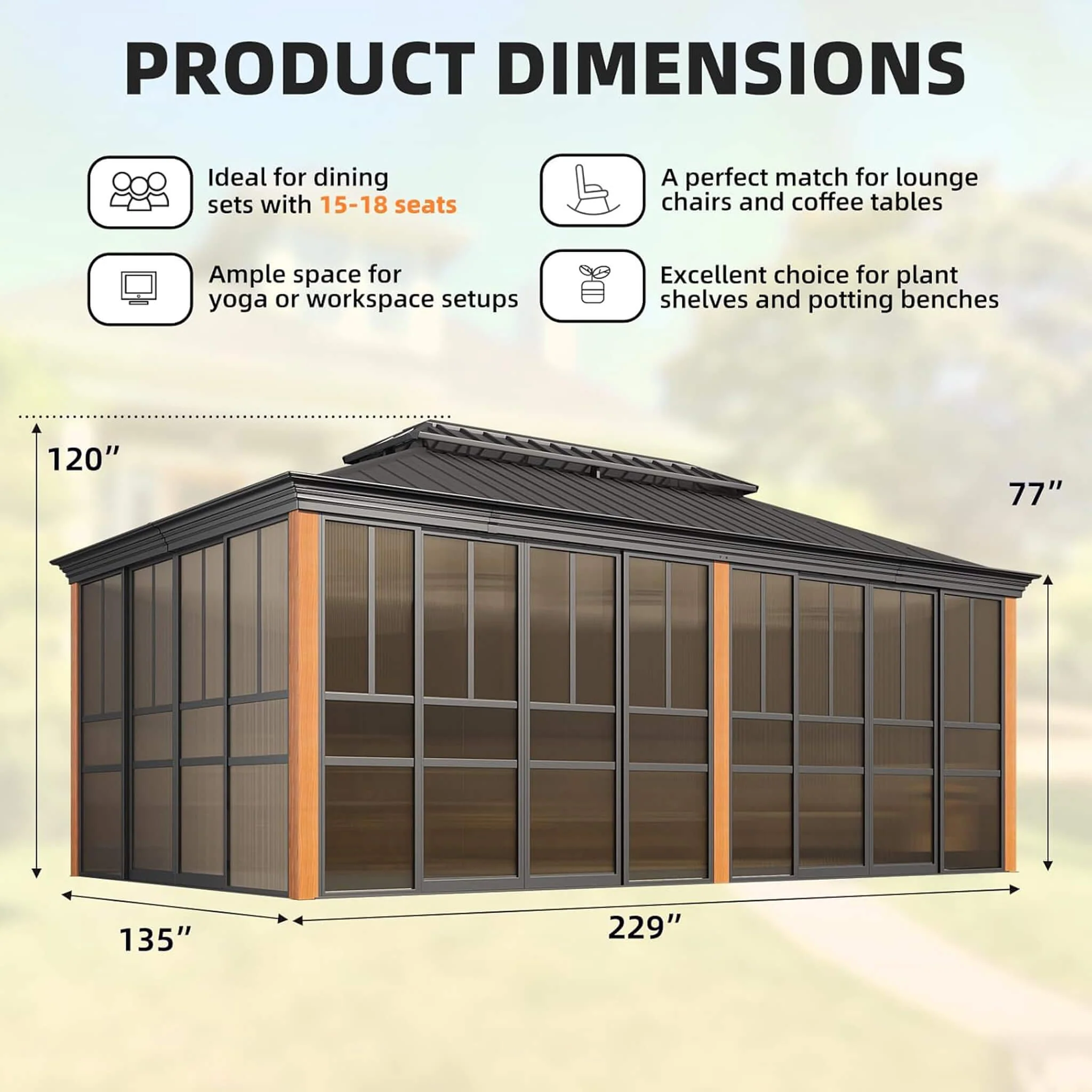 Alora Premium All-Season Outdoor Wood Grain Sunroom With Sliding Doors And Double Top Roof (SAK58317) - Image 11