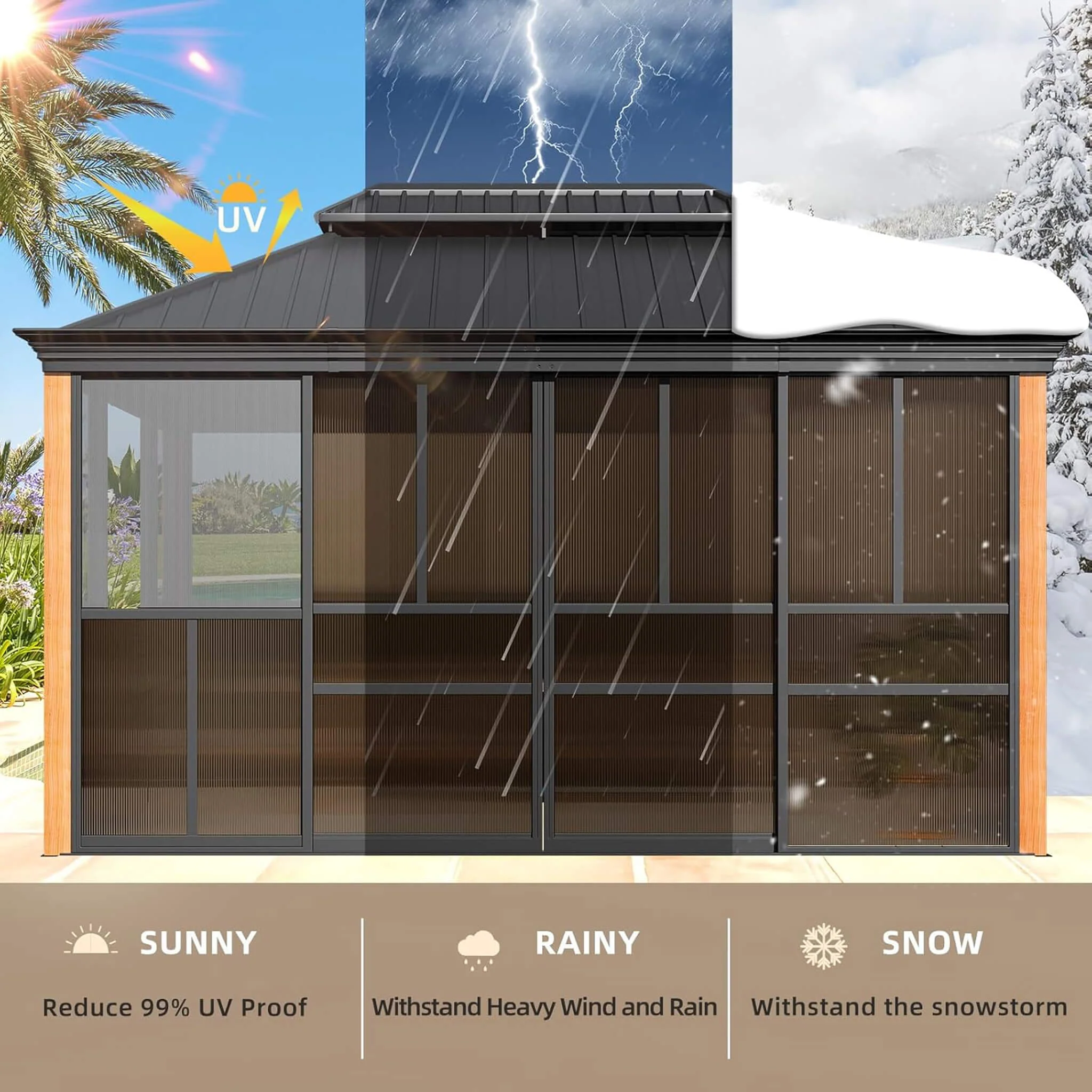 Alora Premium All-Season Outdoor Wood Grain Sunroom With Sliding Doors And Double Top Roof (SAK58317) - Image 7