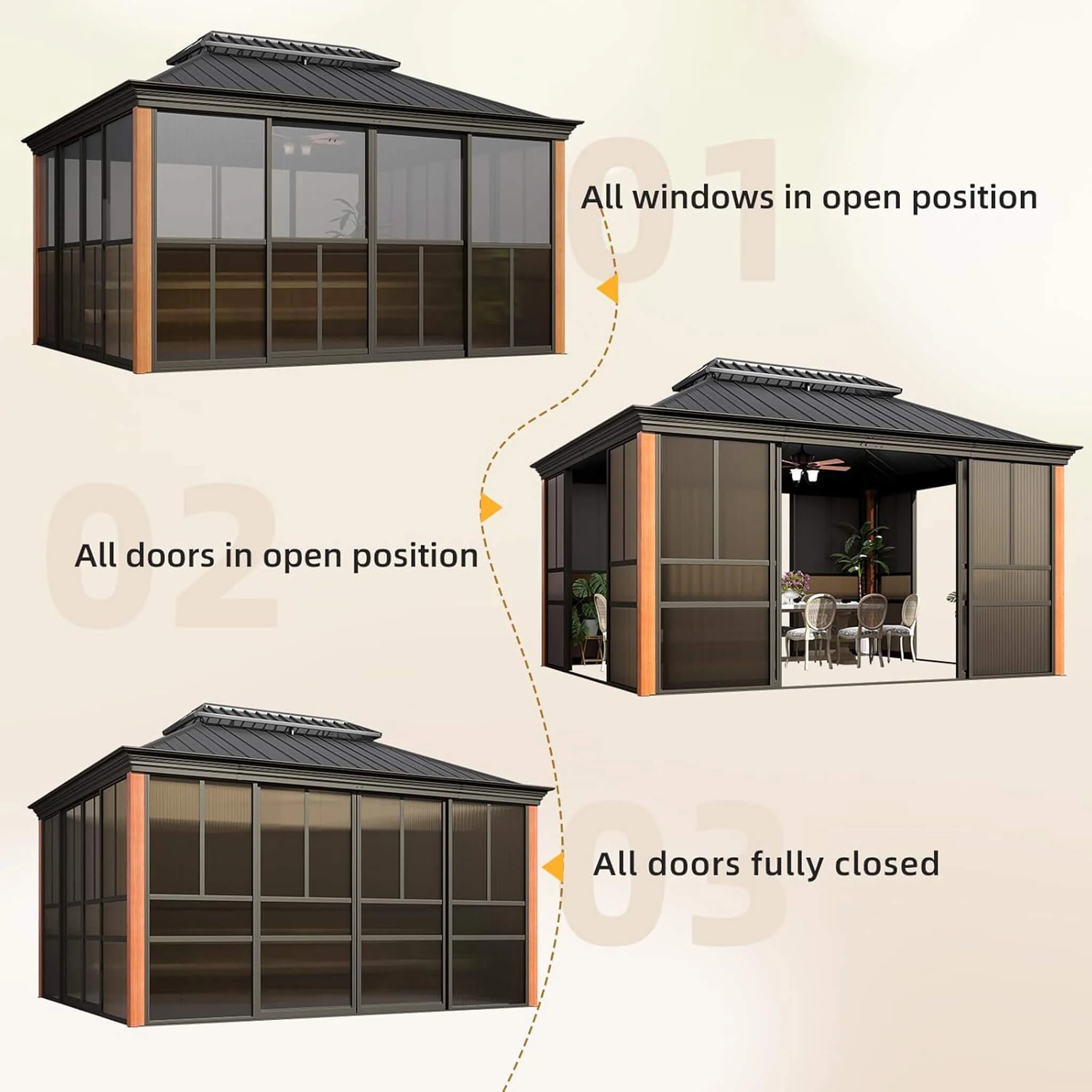 Alora Premium All-Season Outdoor Wood Grain Sunroom With Sliding Doors And Double Top Roof (SAK58317) - Image 8