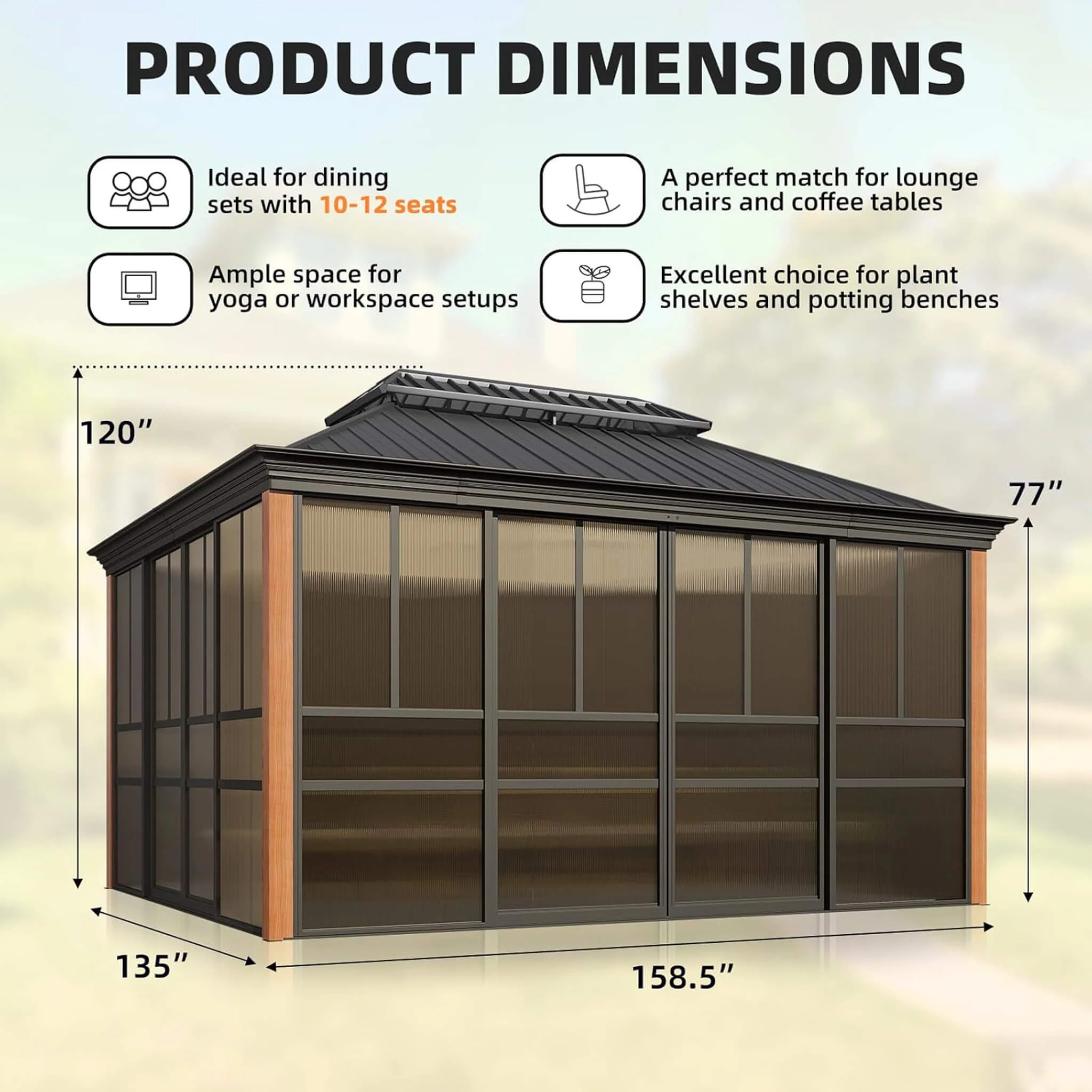 Alora Premium All-Season Outdoor Wood Grain Sunroom With Sliding Doors And Double Top Roof (SAK58317) - Image 9