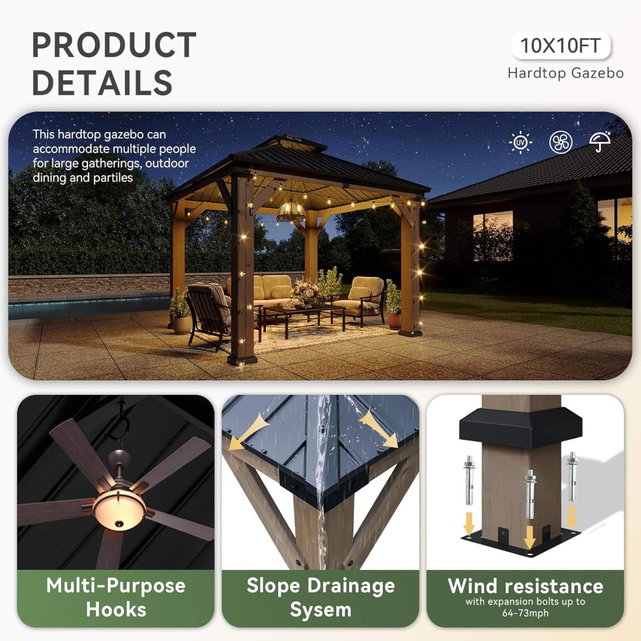 Alora Premium Outdoor Cedar Wood Galvanized Steel Hardtop Gazebo (SAK23907) - Image 3