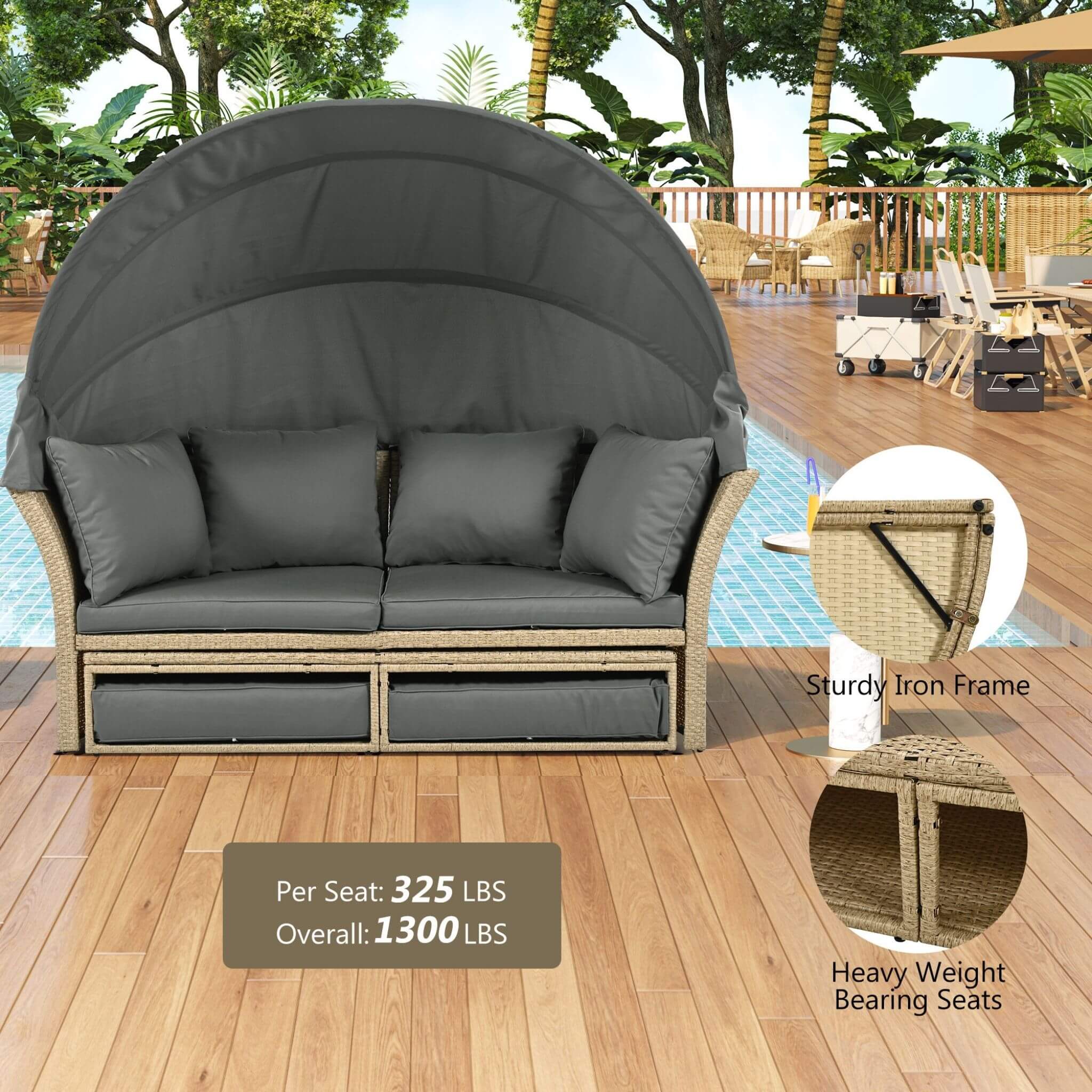 Alora Premium Outdoor Garden Wicker Rattan Patio Daybed With Retractable Canopy (SAK43581) - Image 10