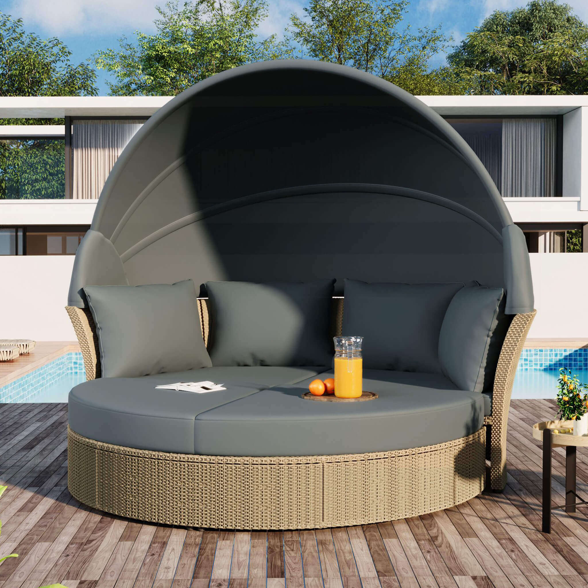 Alora Premium Outdoor Garden Wicker Rattan Patio Daybed With Retractable Canopy (SAK43581) - Image 12