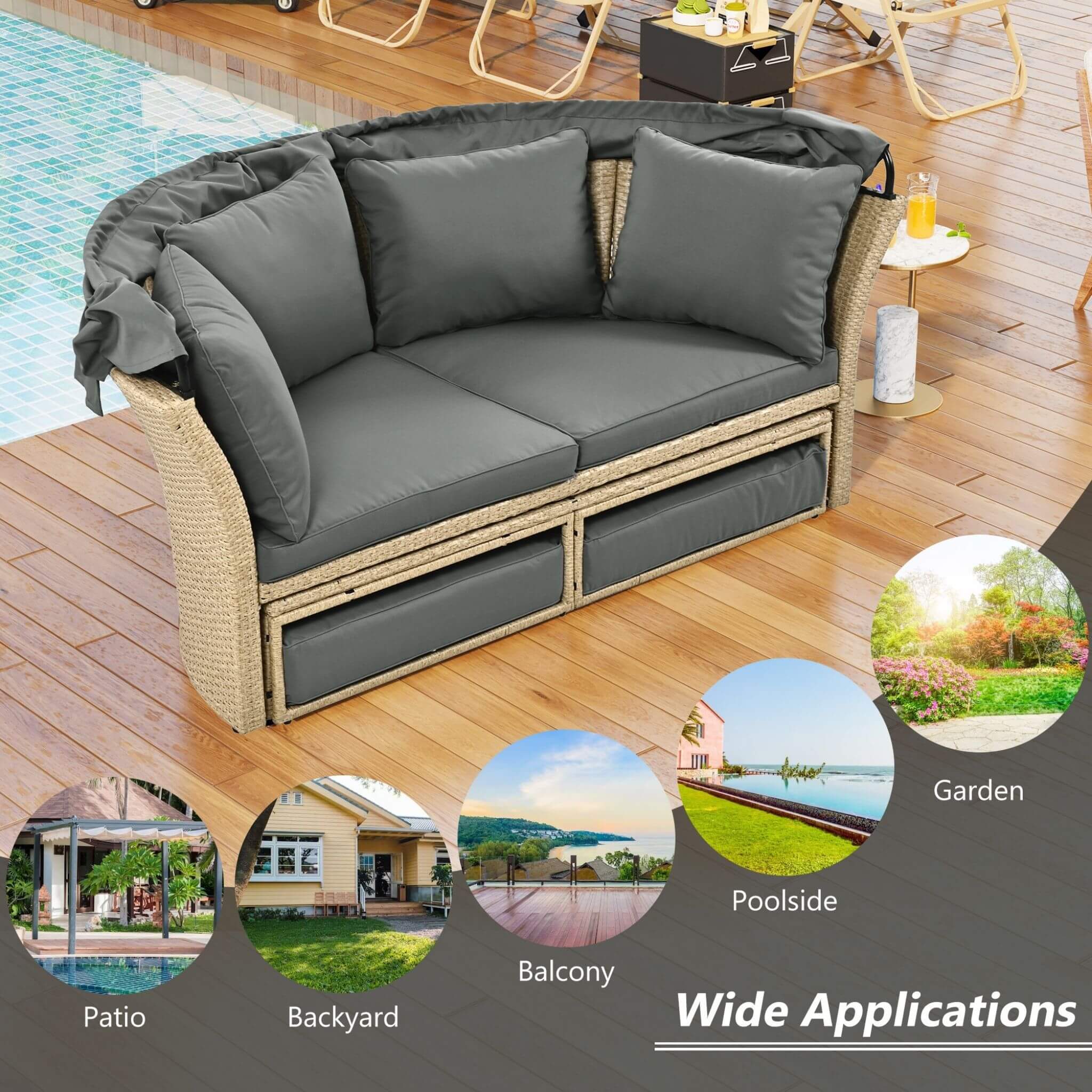 Alora Premium Outdoor Garden Wicker Rattan Patio Daybed With Retractable Canopy (SAK43581) - Image 13
