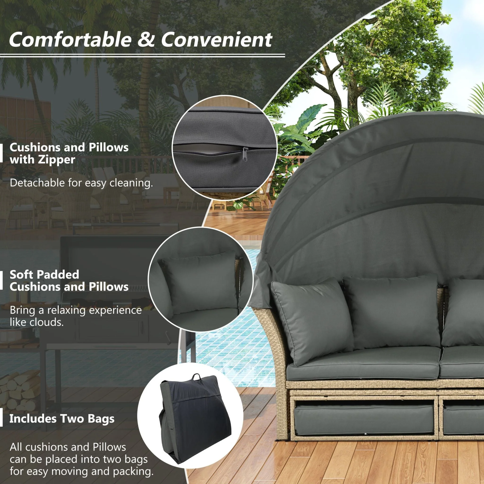 Alora Premium Outdoor Garden Wicker Rattan Patio Daybed With Retractable Canopy (SAK43581) - Image 4