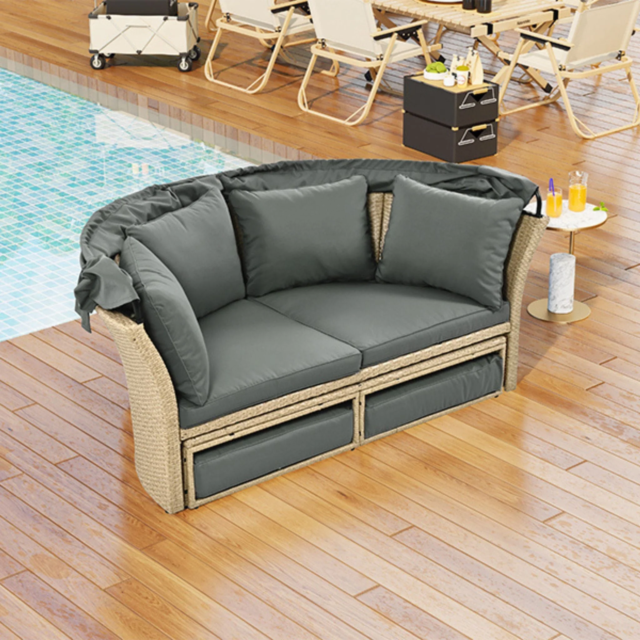 Alora Premium Outdoor Garden Wicker Rattan Patio Daybed With Retractable Canopy (SAK43581) - Image 6