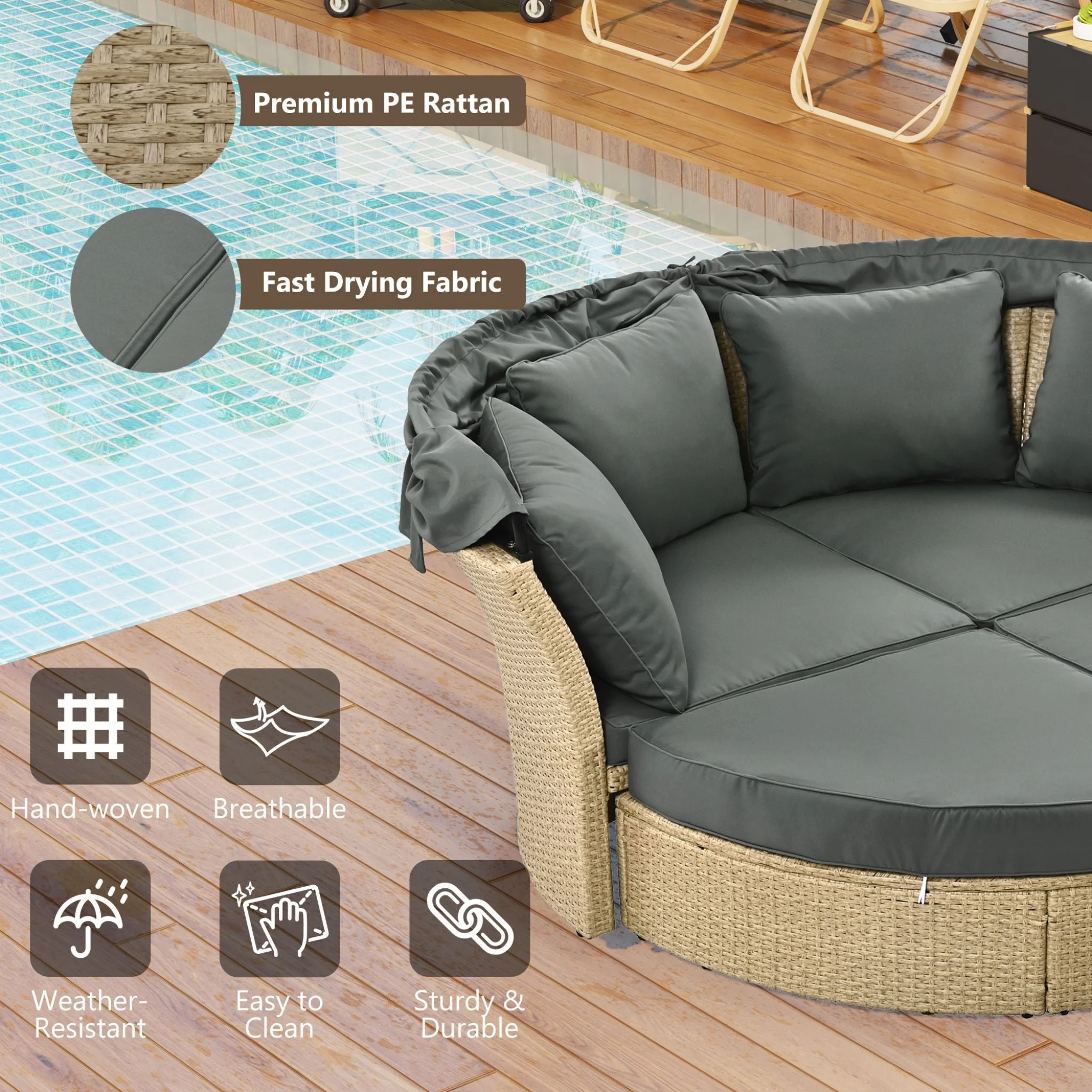 Alora Premium Outdoor Garden Wicker Rattan Patio Daybed With Retractable Canopy (SAK43581) - Image 8