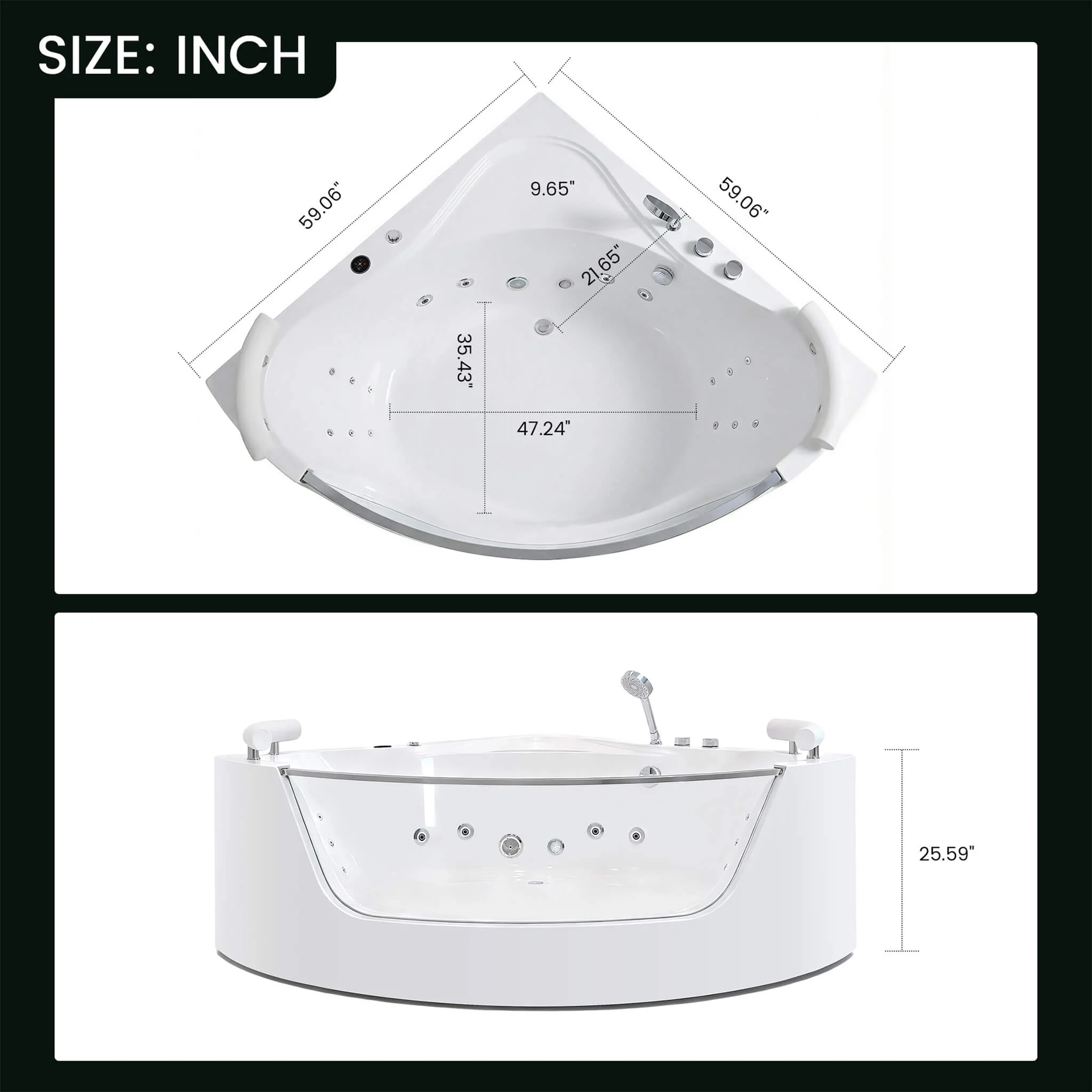 Alora Serenity 59-Inch 2-Person Acrylic Corner Whirlpool 16-Jet Hydro Massage Bathtub With Heater Rainbow Light (SAK70512) - Image 13