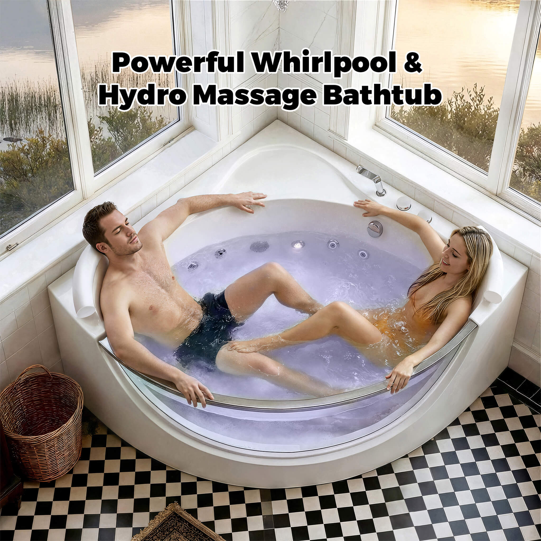 Alora Serenity 59-Inch 2-Person Acrylic Corner Whirlpool 16-Jet Hydro Massage Bathtub With Heater Rainbow Light (SAK70512) - Image 4