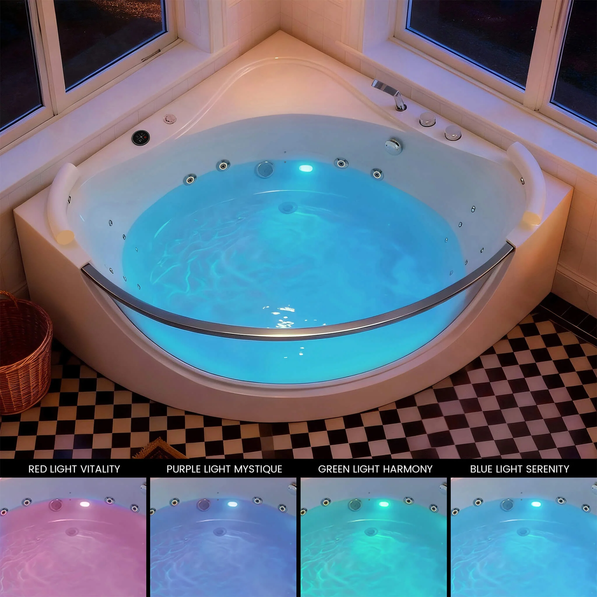 Alora Serenity 59-Inch 2-Person Acrylic Corner Whirlpool 16-Jet Hydro Massage Bathtub With Heater Rainbow Light (SAK70512) - Image 5