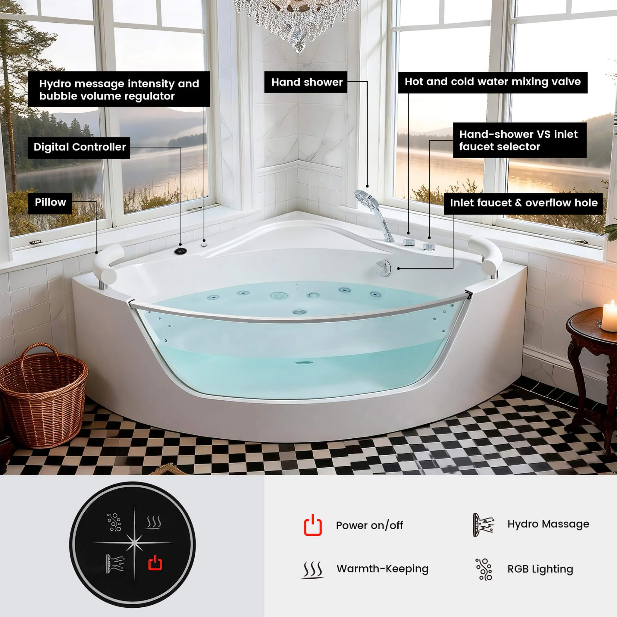 Alora Serenity 59-Inch 2-Person Acrylic Corner Whirlpool 16-Jet Hydro Massage Bathtub With Heater Rainbow Light (SAK70512) - Image 8