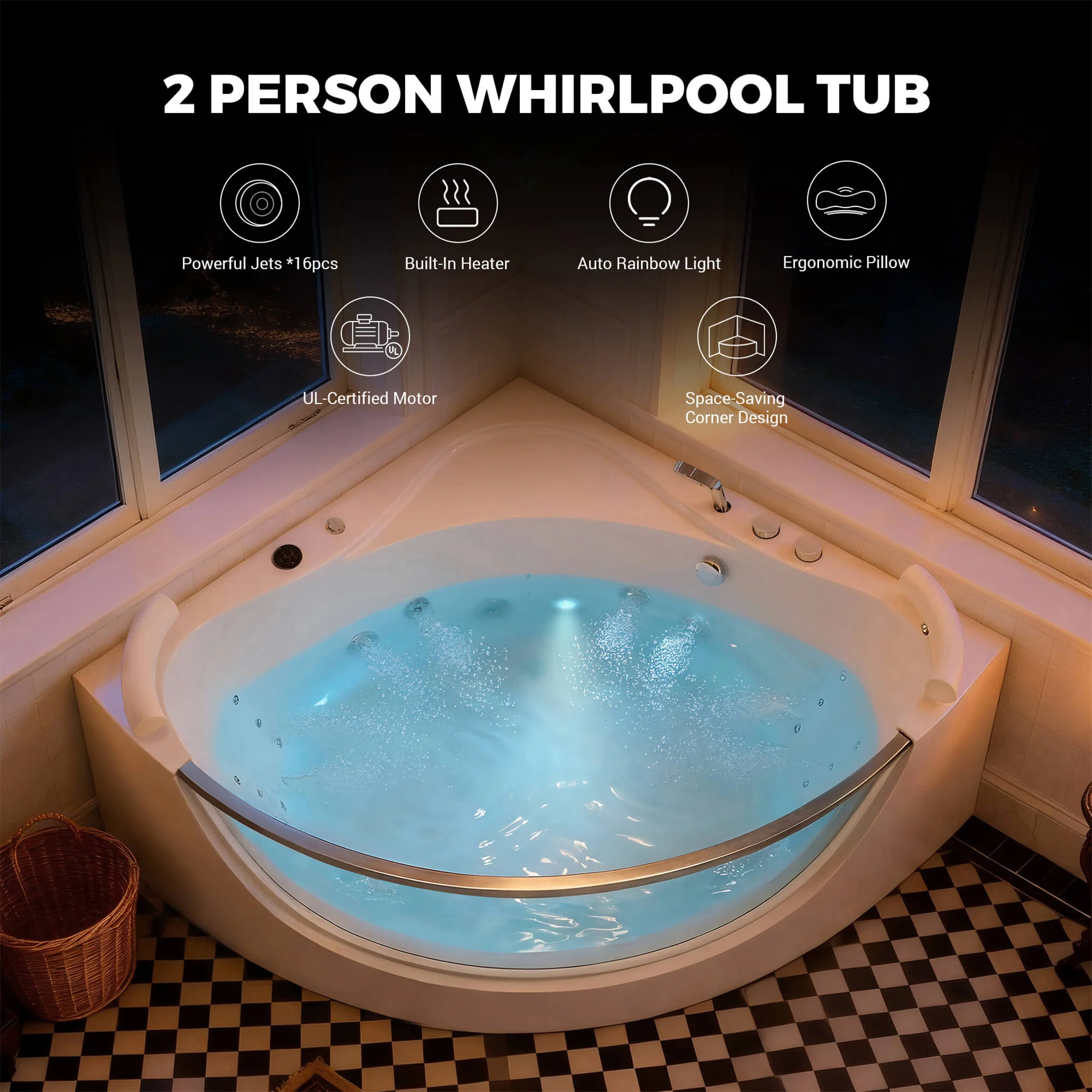Alora Serenity 59-Inch 2-Person Acrylic Corner Whirlpool 16-Jet Hydro Massage Bathtub With Heater Rainbow Light (SAK70512) - Image 9