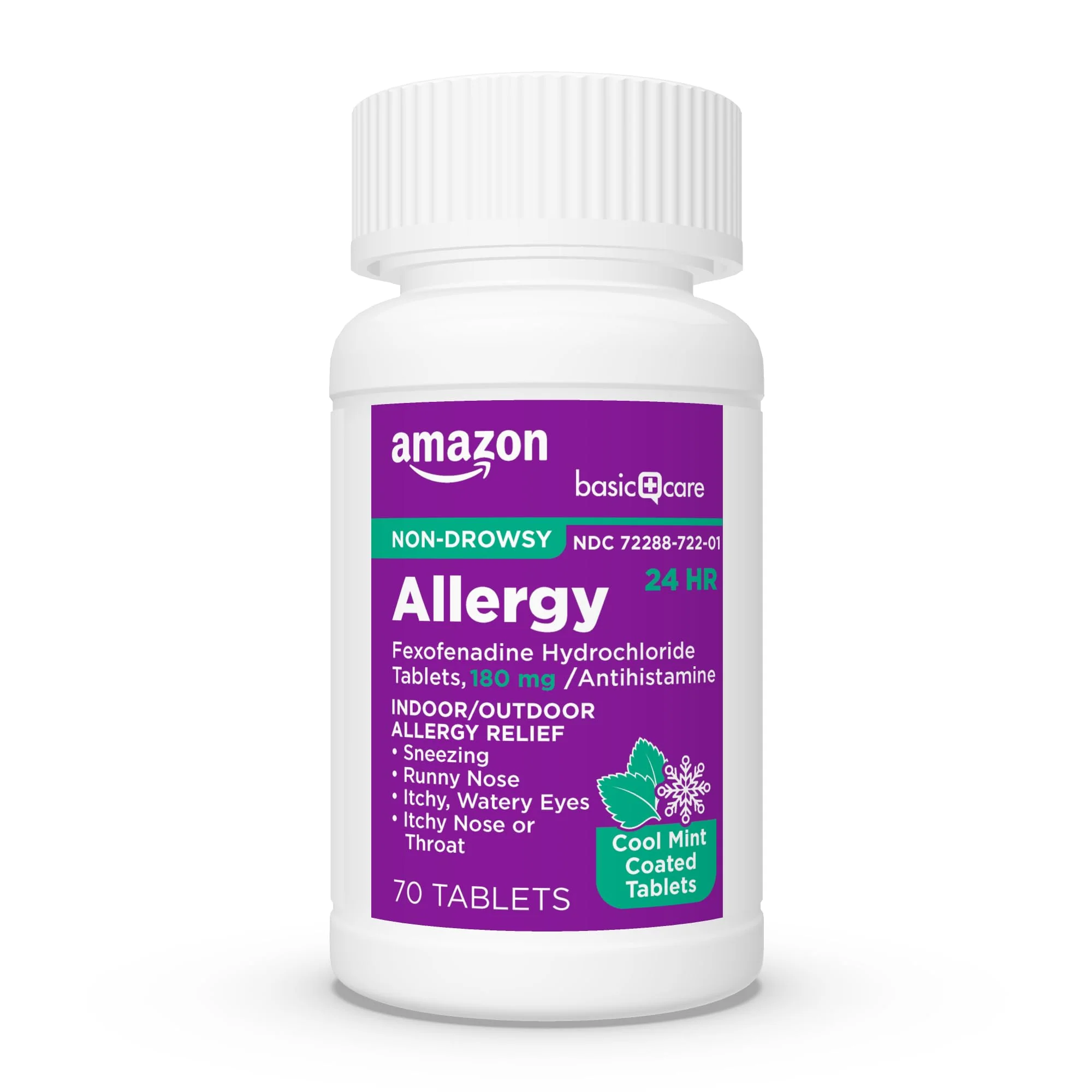 Amazon Basic Care Allergy Relief, 24 Hour, Fexofenadine Hydrochloride 180 mg, Non-Drowsy Antihistamine, Cool Mint Coated Tablets, 70 Count - Image 3