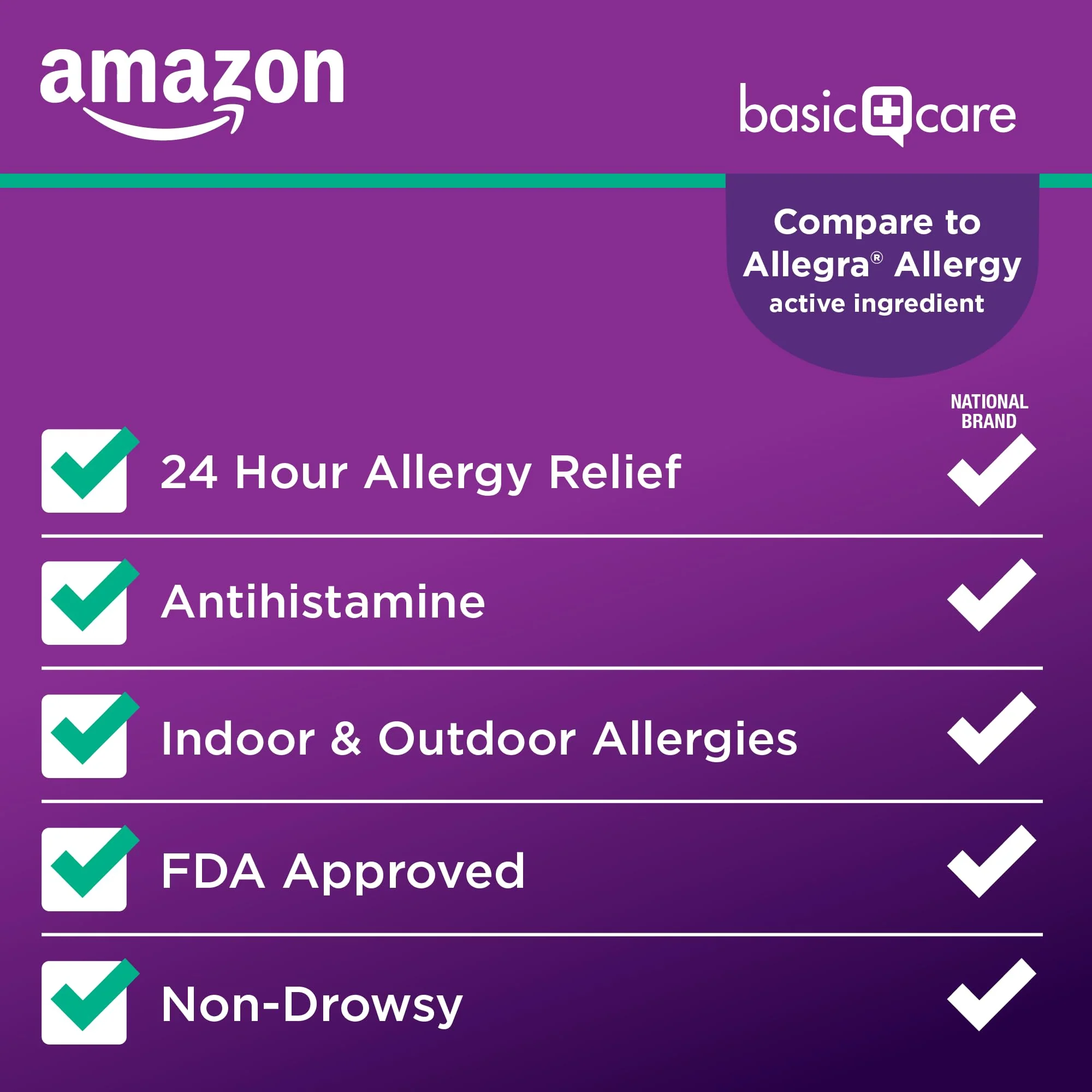 Amazon Basic Care Allergy Relief, 24 Hour, Fexofenadine Hydrochloride 180 mg, Non-Drowsy Antihistamine, Cool Mint Coated Tablets, 70 Count - Image 6
