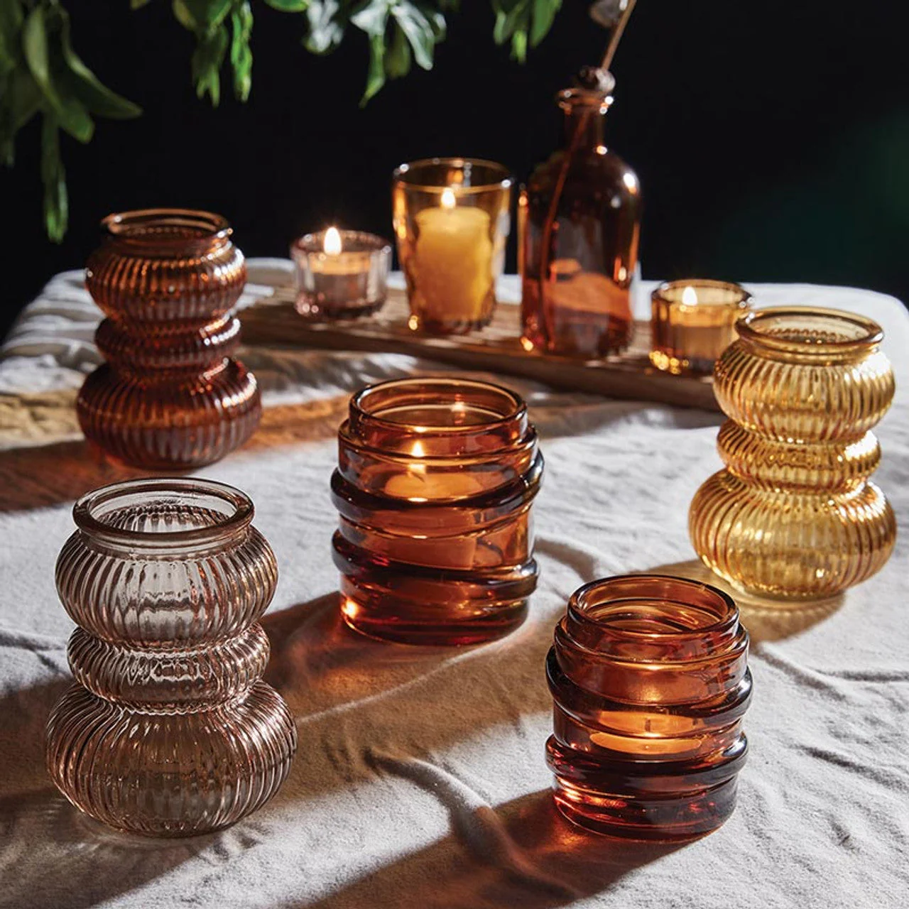 Amber Candle Garden Set | Glass Bottle Vase & Votive Candleholders with Wooden Tray - Image 2