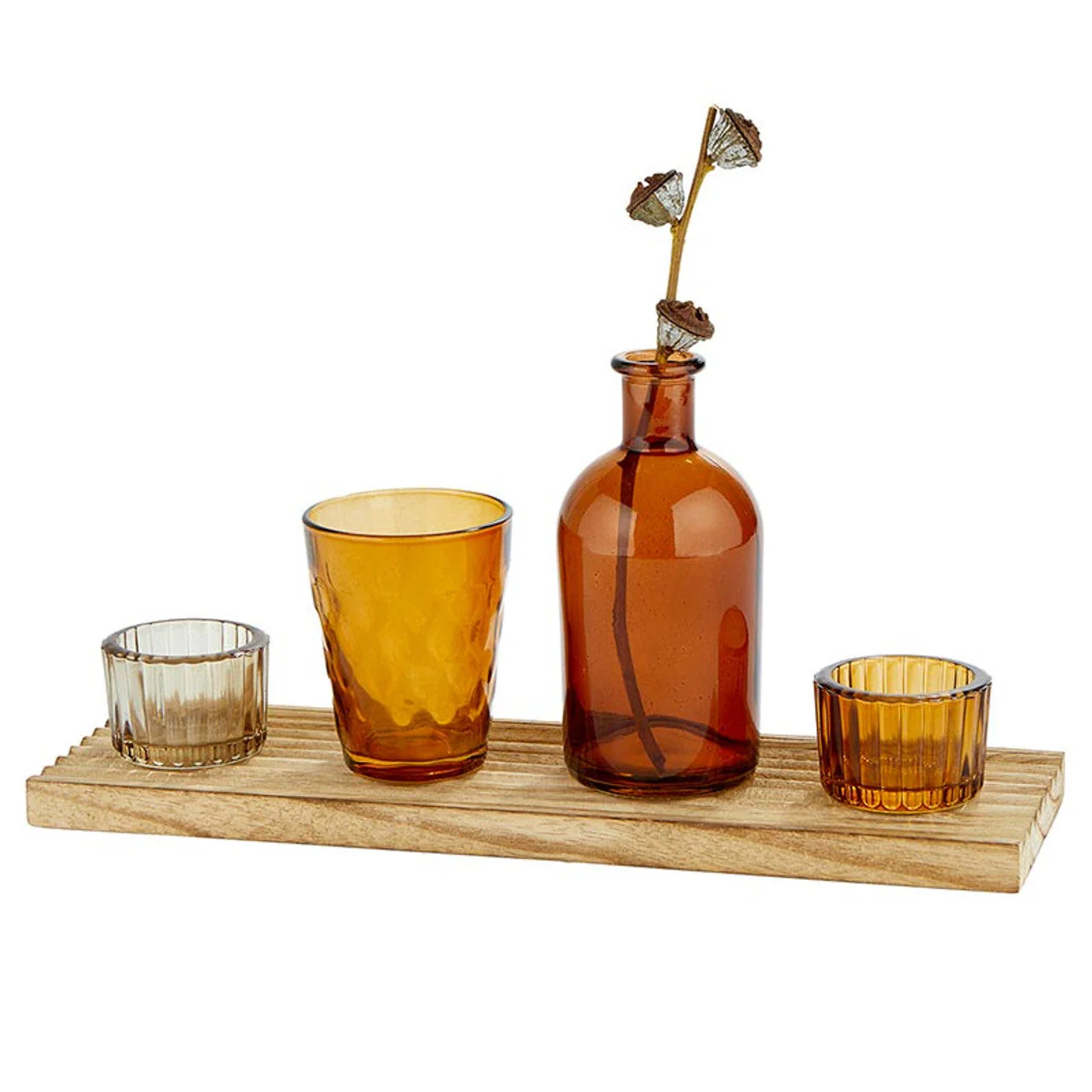 Amber Candle Garden Set | Glass Bottle Vase & Votive Candleholders with Wooden Tray - Image 3