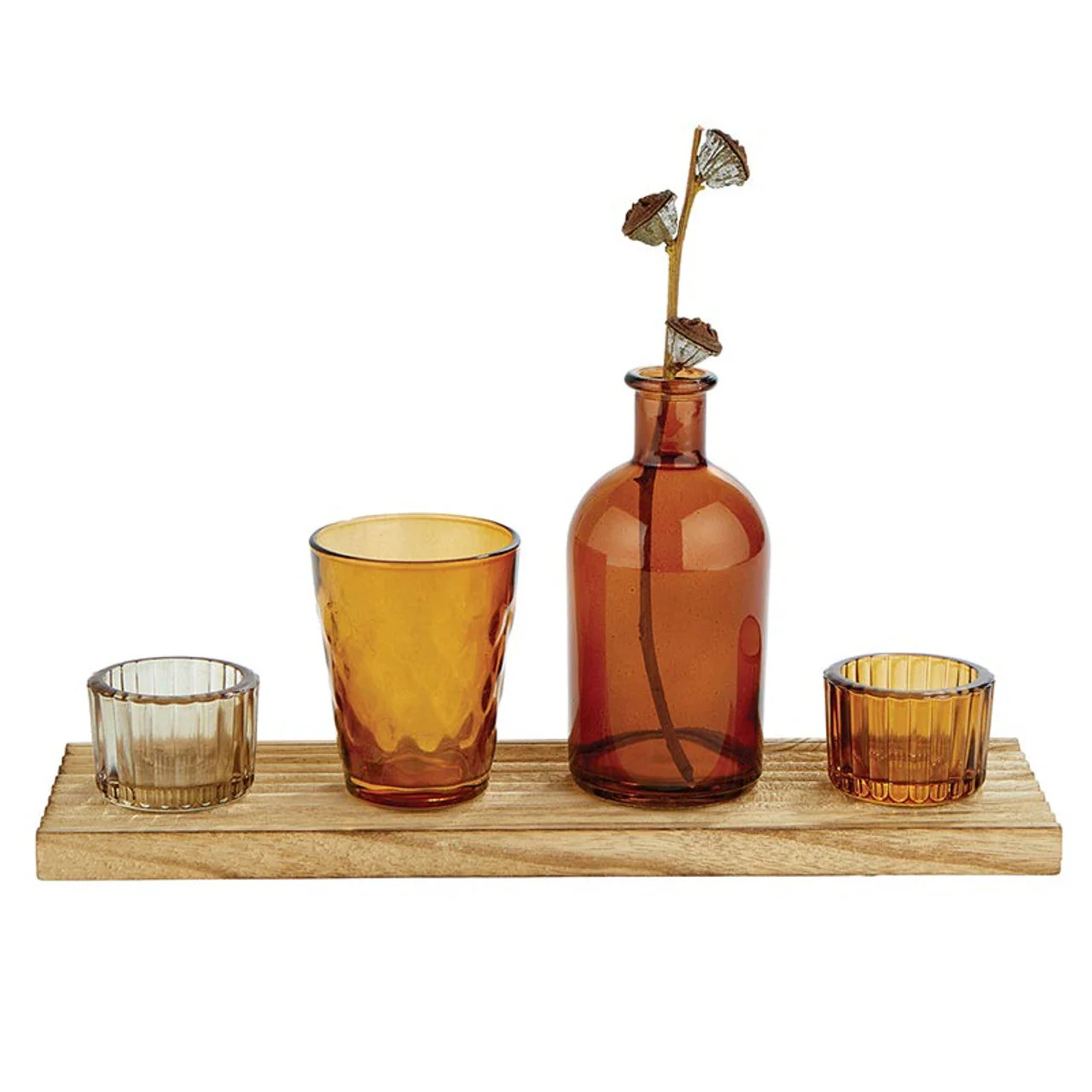 Amber Candle Garden Set | Glass Bottle Vase & Votive Candleholders with Wooden Tray - Image 4