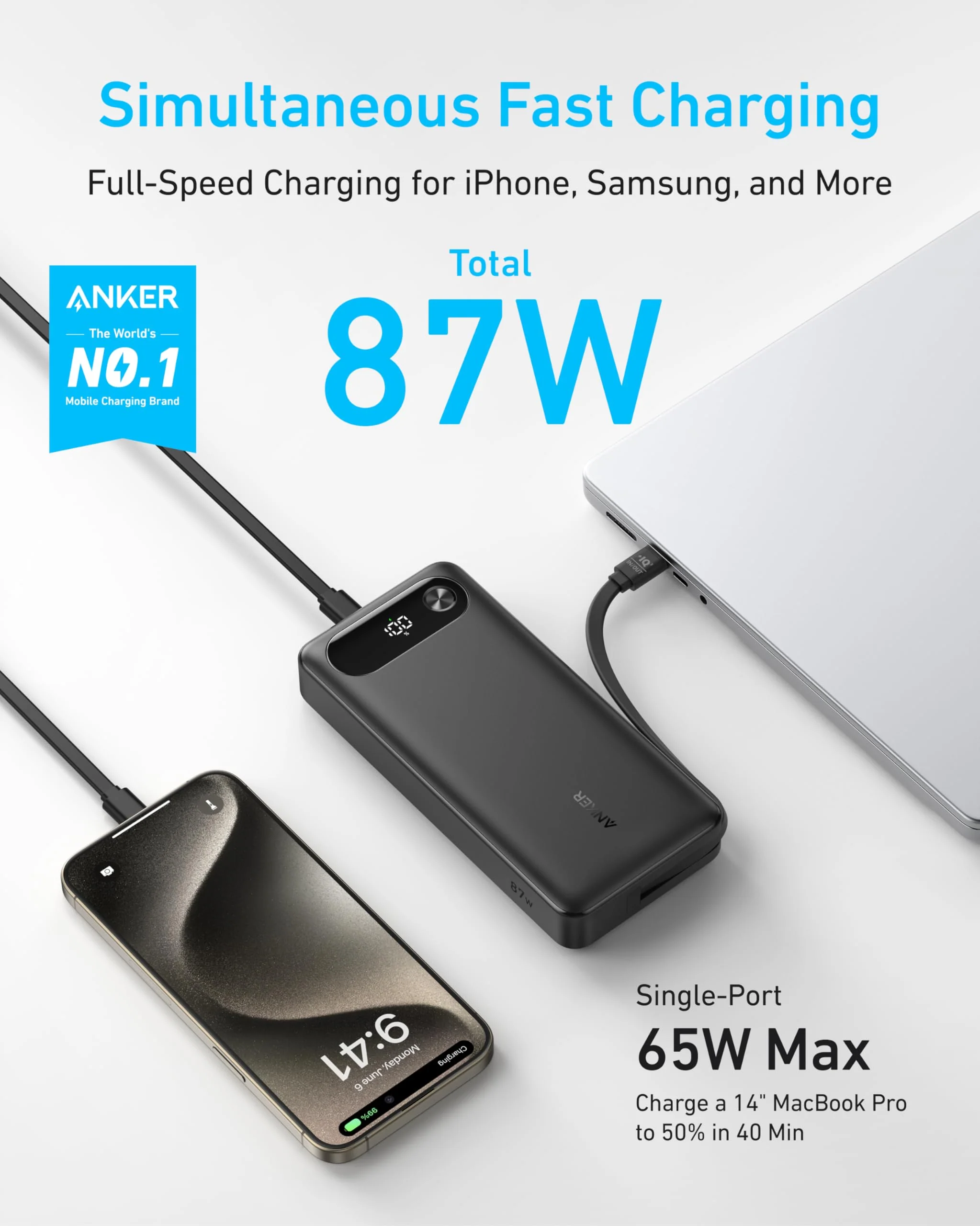 Anker Power Bank (20K, 87W, Built-In USB-C Cable) - Image 2