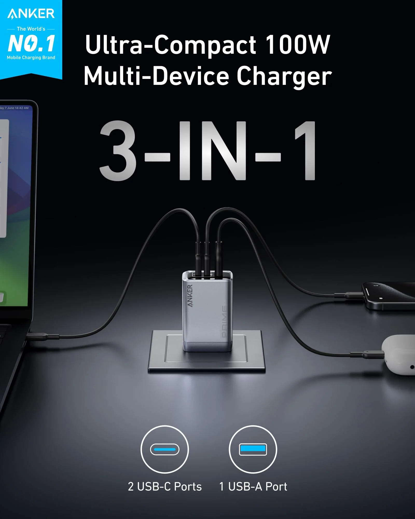 Anker Prime Charger (100W, 3 Ports, GaN) - Image 2