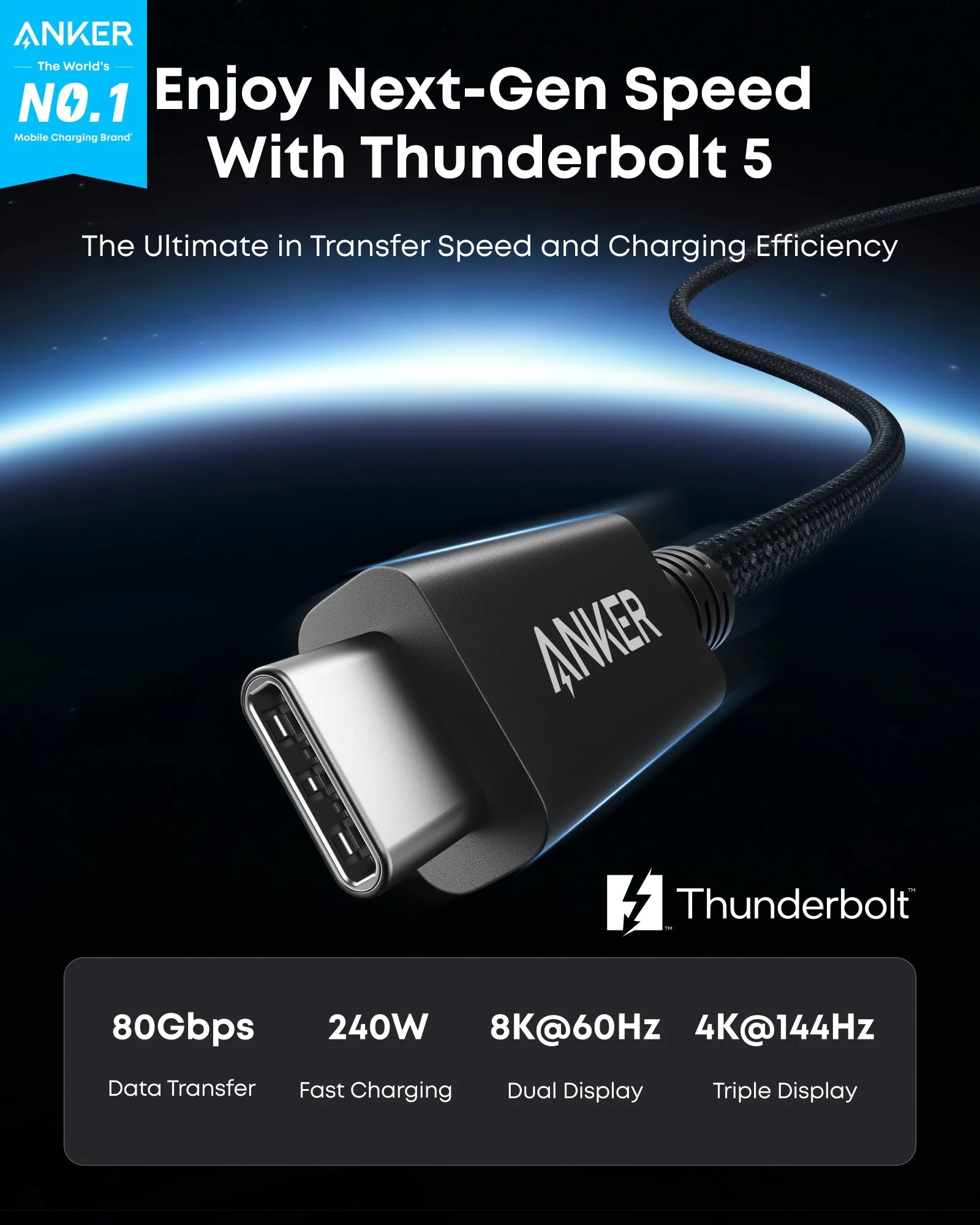 Anker Prime Thunderbolt 5 Cable (3.3 ft/1.7 ft, 80 Gbps, 240W) - Image 7