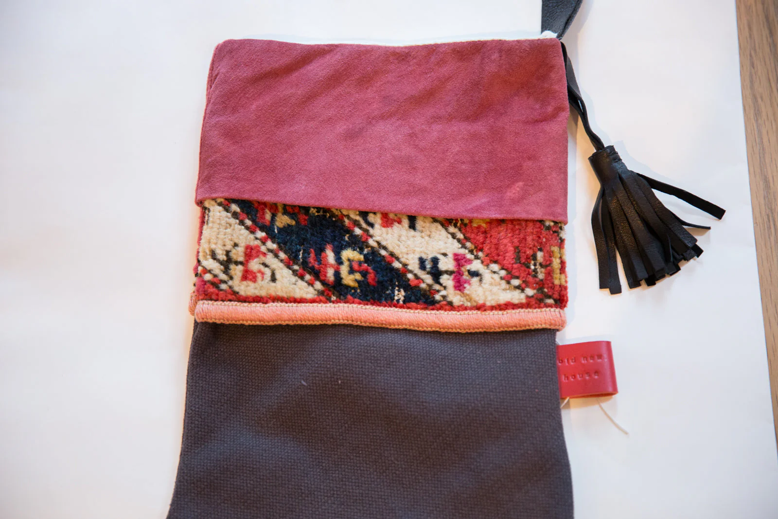 Antique Rug Fragment Stocking Fuchsia Suede - Image 2
