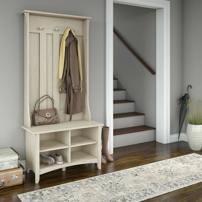 Antique White Large Entryway Coat Rack Storage Shoe Cubby Hall Tree - Image 3