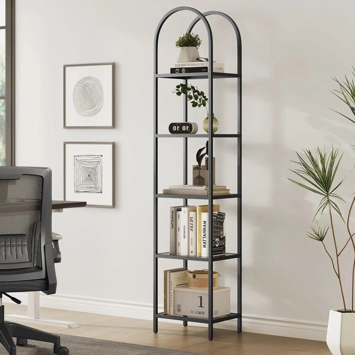 Arched Top Black Metal Display Rack Narrow Bookcase with 5 Glass Storage Shelves - Image 2