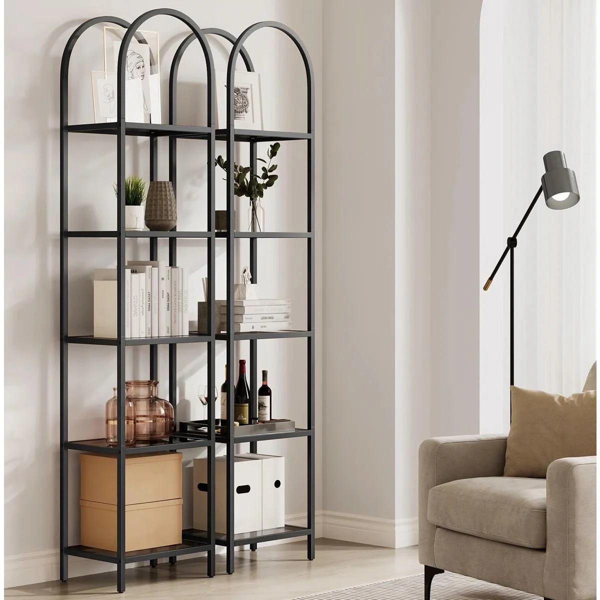 Arched Top Black Metal Display Rack Narrow Bookcase with 5 Glass Storage Shelves - Image 3