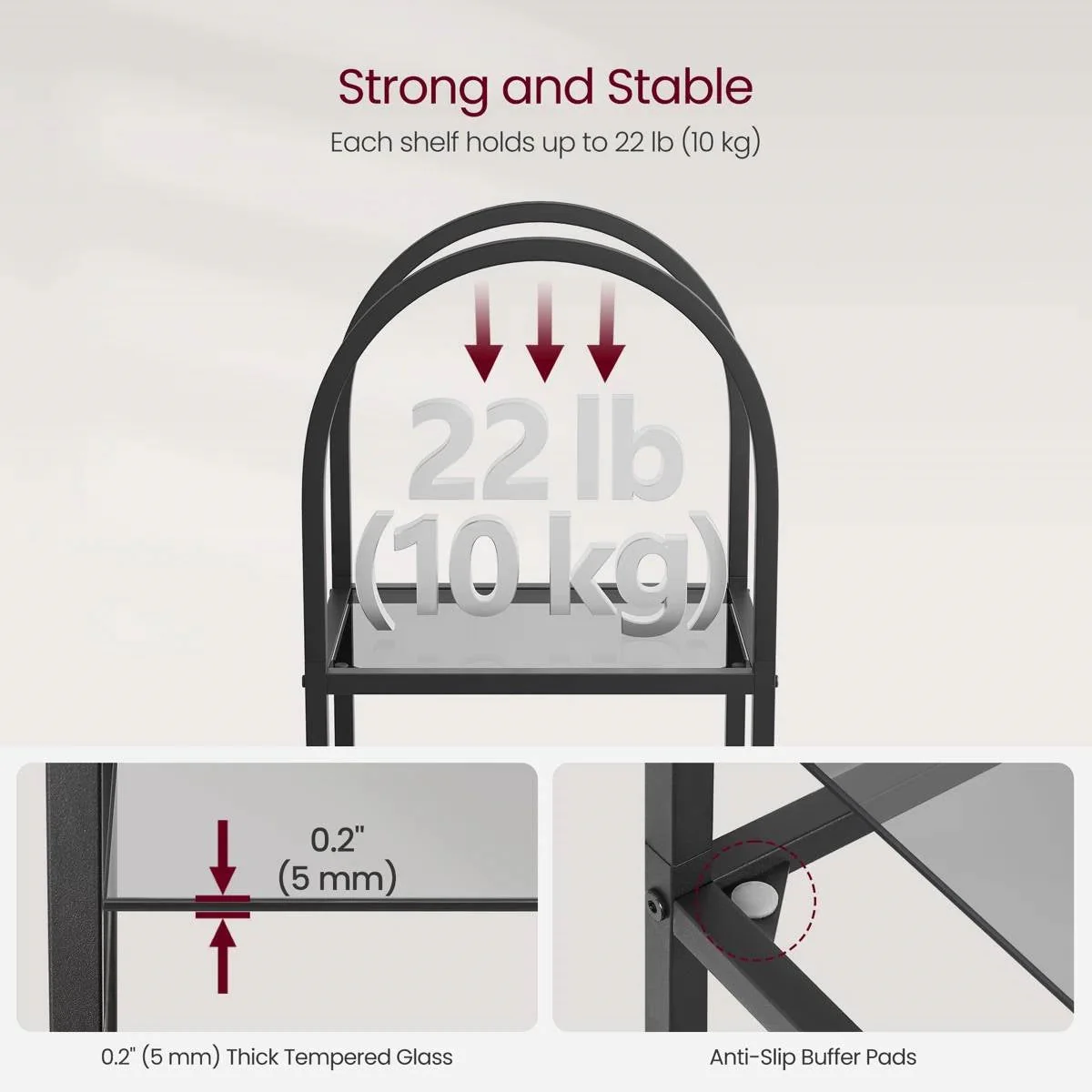 Arched Top Black Metal Display Rack Narrow Bookcase with 5 Glass Storage Shelves - Image 4
