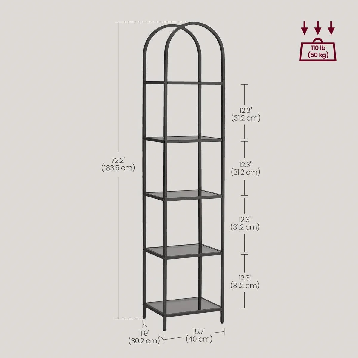 Arched Top Black Metal Display Rack Narrow Bookcase with 5 Glass Storage Shelves - Image 5