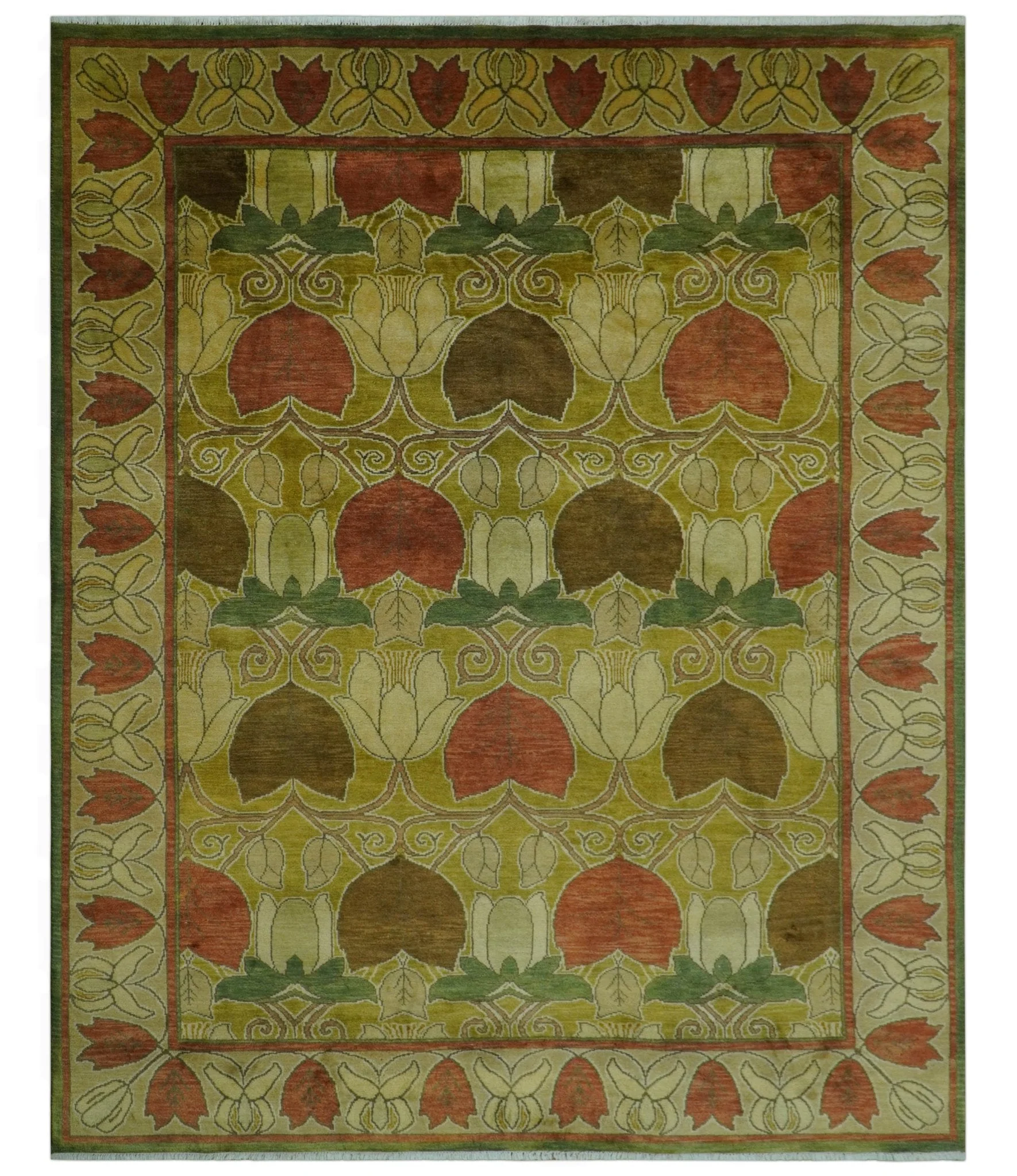 Art and Craft Design Olive Green And Brown Hand Knotted 8x10 Wool Area Rug - Image 10