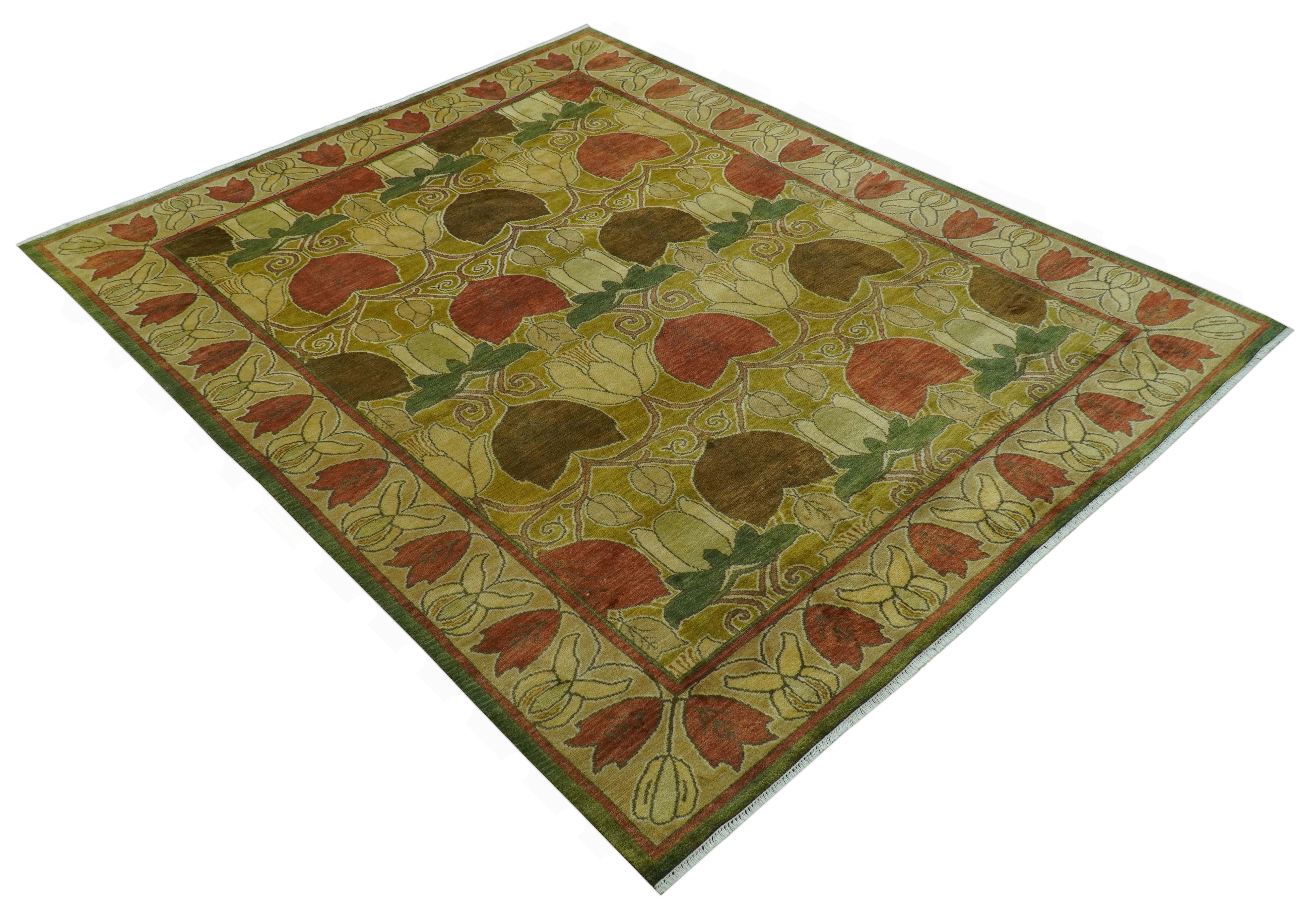 Art and Craft Design Olive Green And Brown Hand Knotted 8x10 Wool Area Rug - Image 11