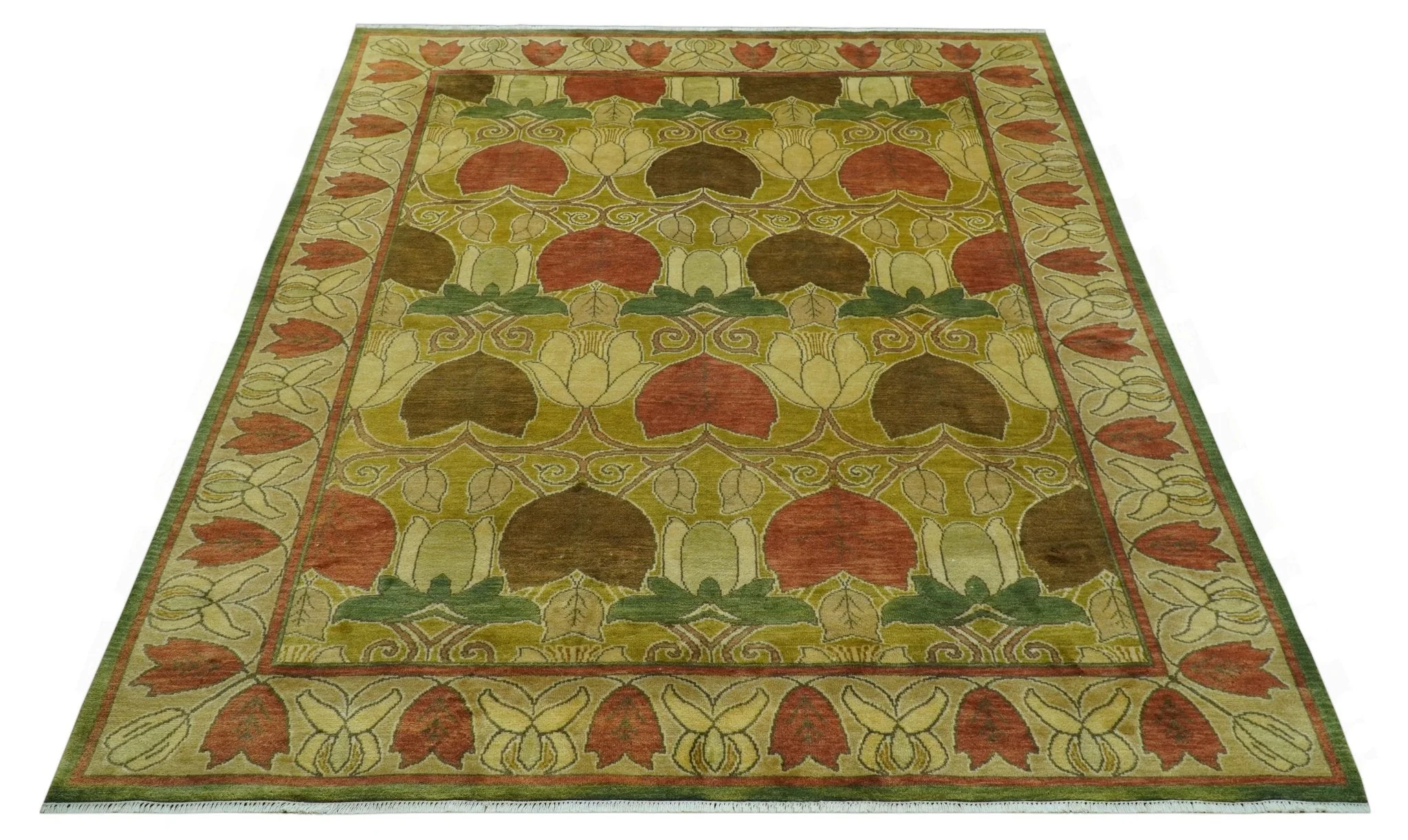 Art and Craft Design Olive Green And Brown Hand Knotted 8x10 Wool Area Rug - Image 12