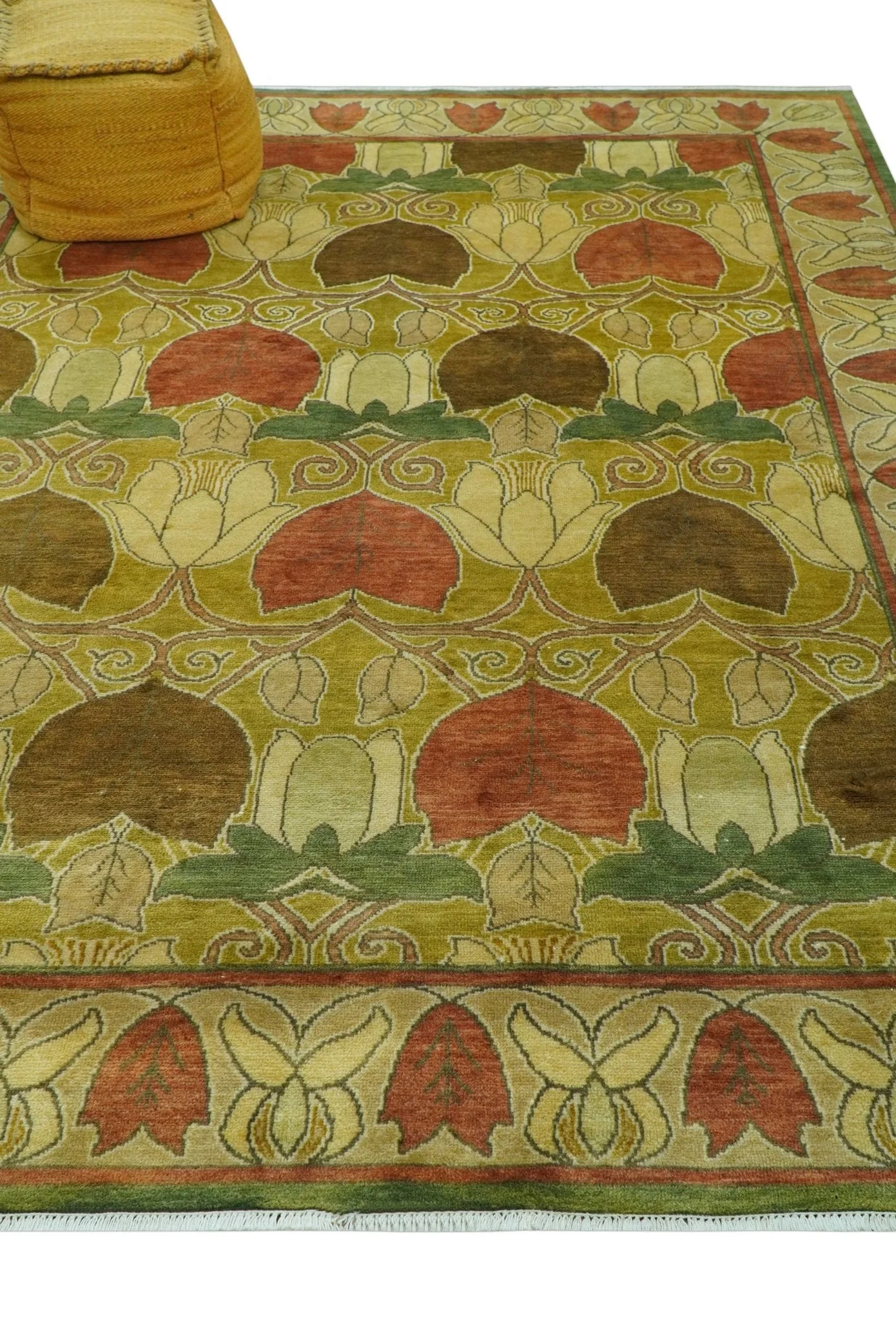Art and Craft Design Olive Green And Brown Hand Knotted 8x10 Wool Area Rug - Image 4