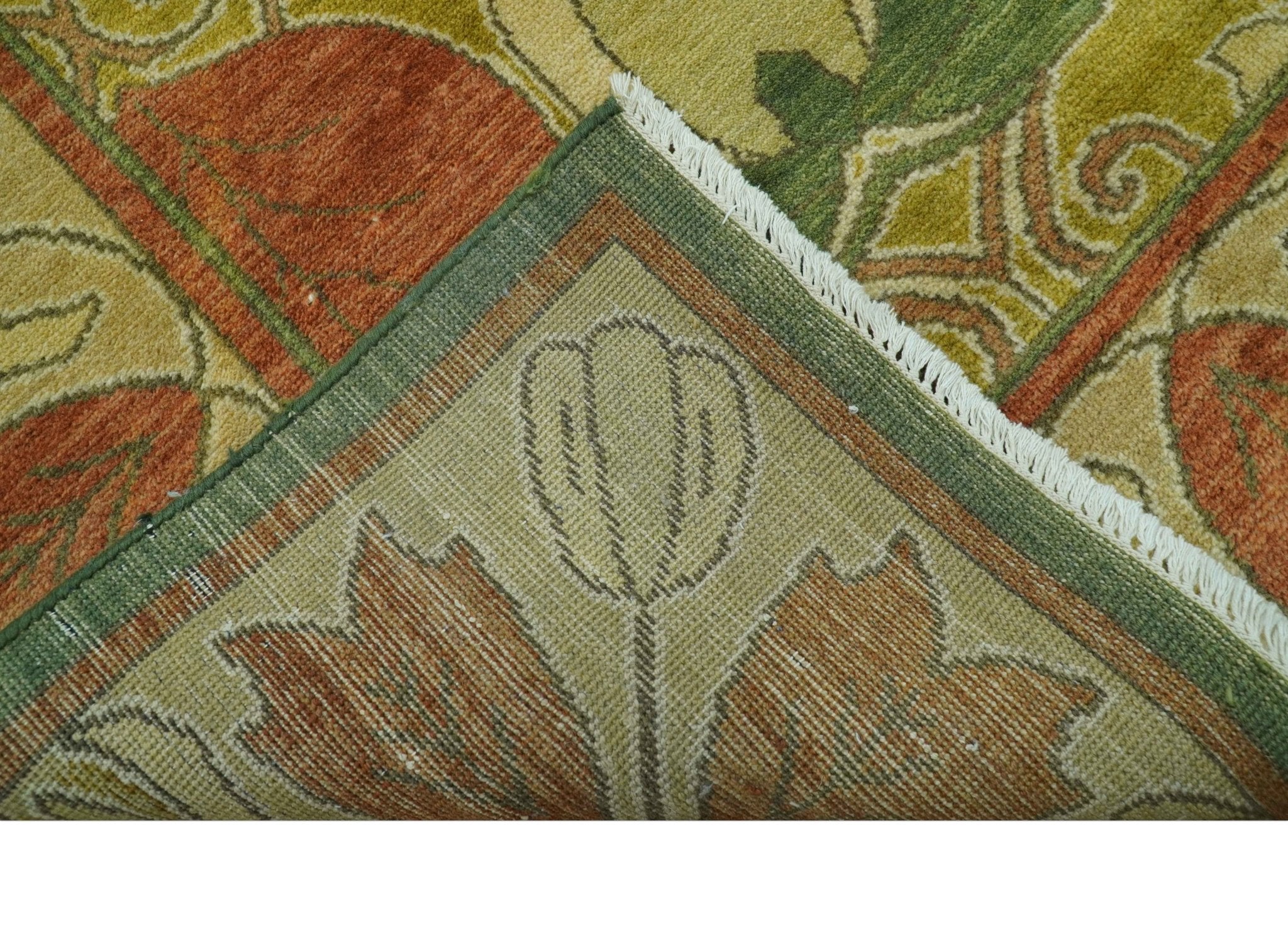 Art and Craft Design Olive Green And Brown Hand Knotted 8x10 Wool Area Rug - Image 8