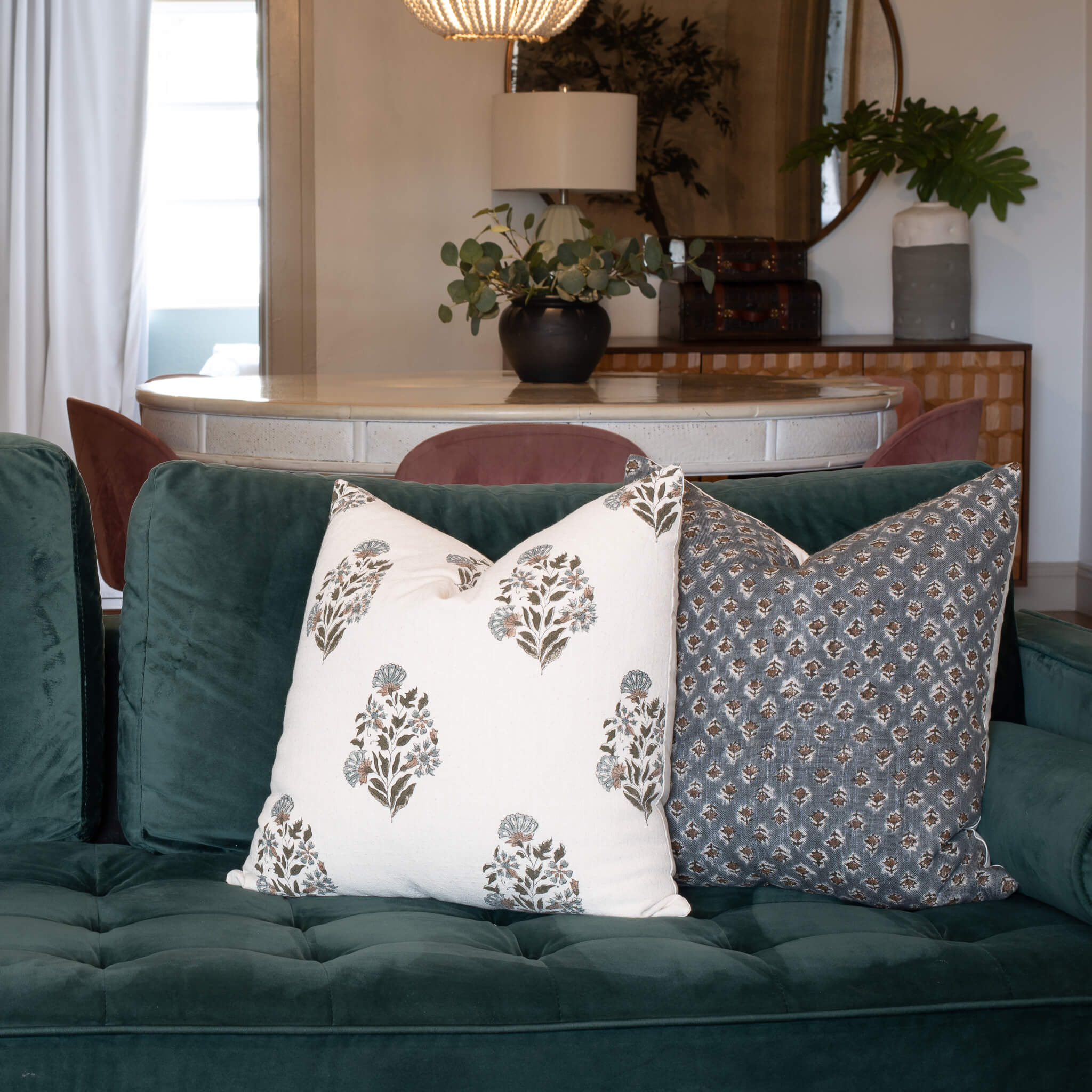 Aster Floral Block Printed Pillow Cover | Blue - Image 2