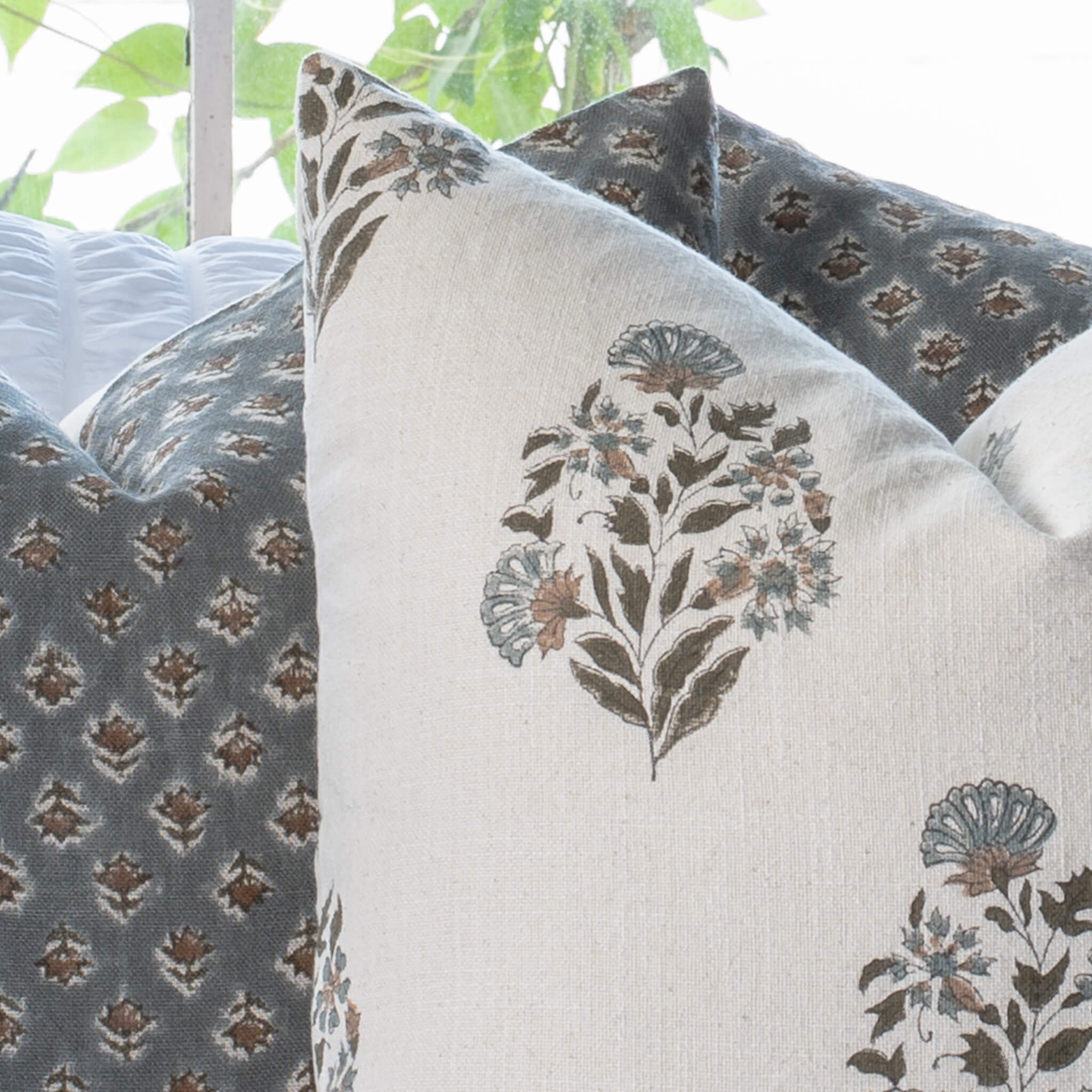 Aster Floral Block Printed Pillow Cover | Blue - Image 3