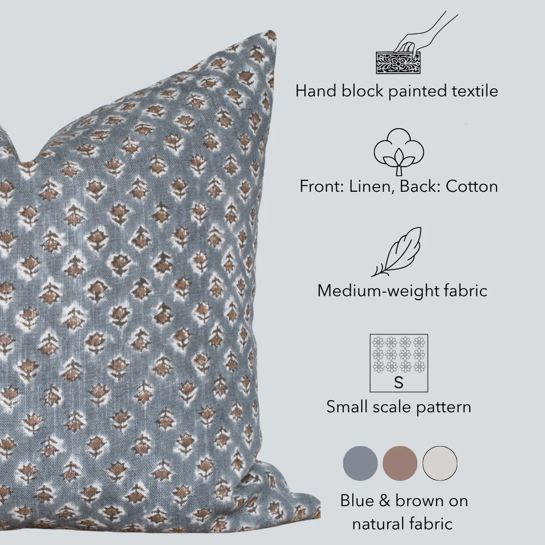 Aster Floral Block Printed Pillow Cover | Blue - Image 5