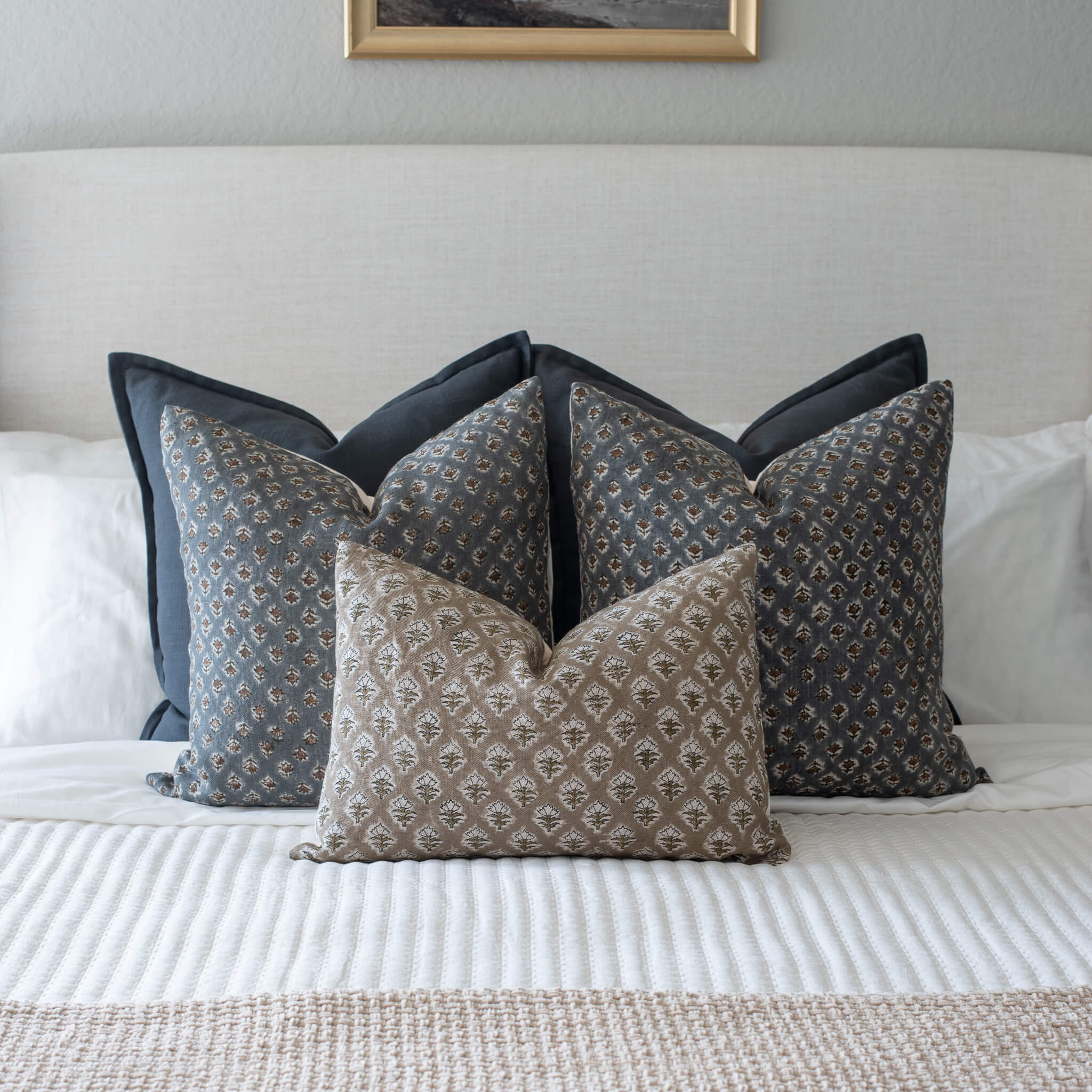 Aster Floral Block Printed Pillow Cover | Blue - Image 7