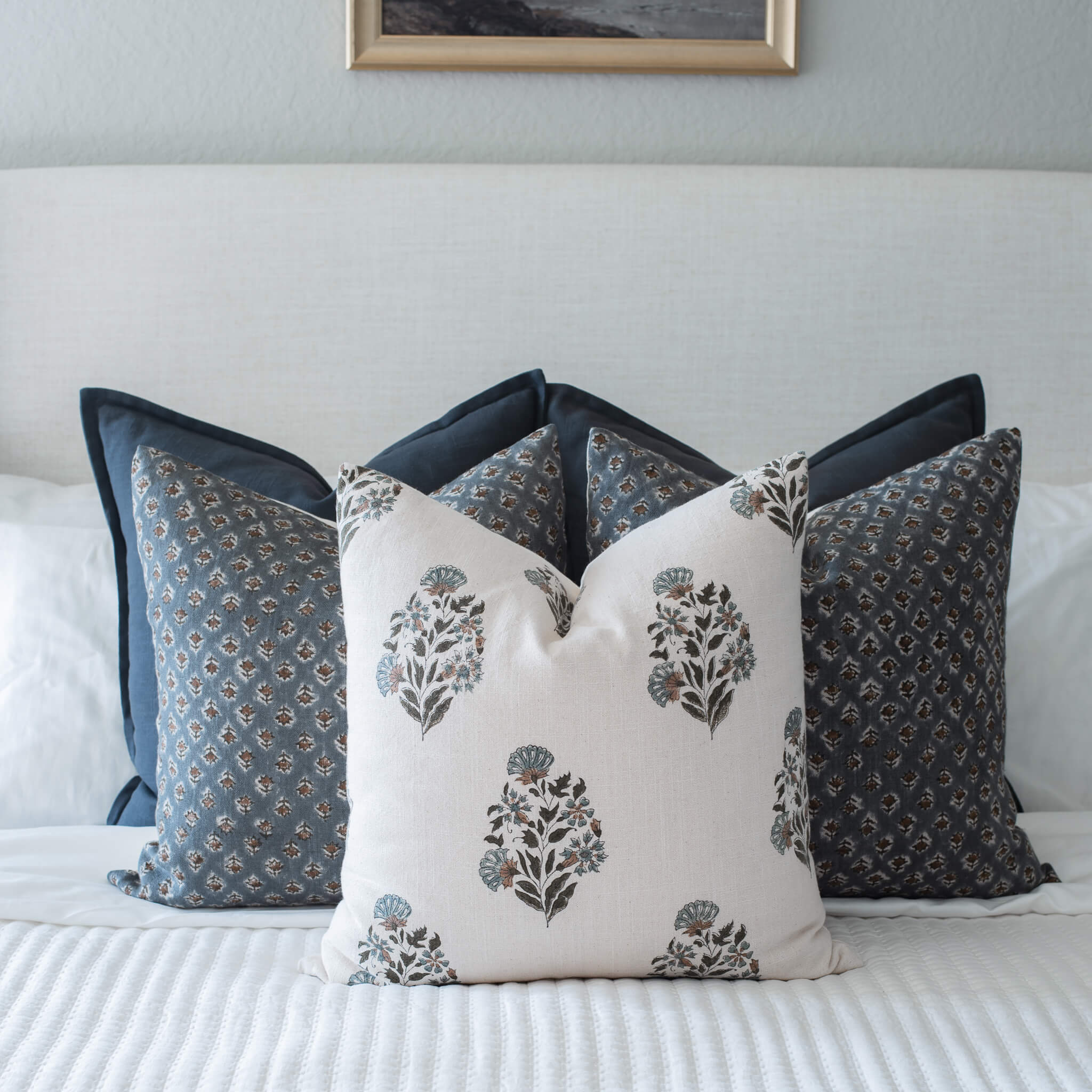 Aster Floral Block Printed Pillow Cover | Blue - Image 8
