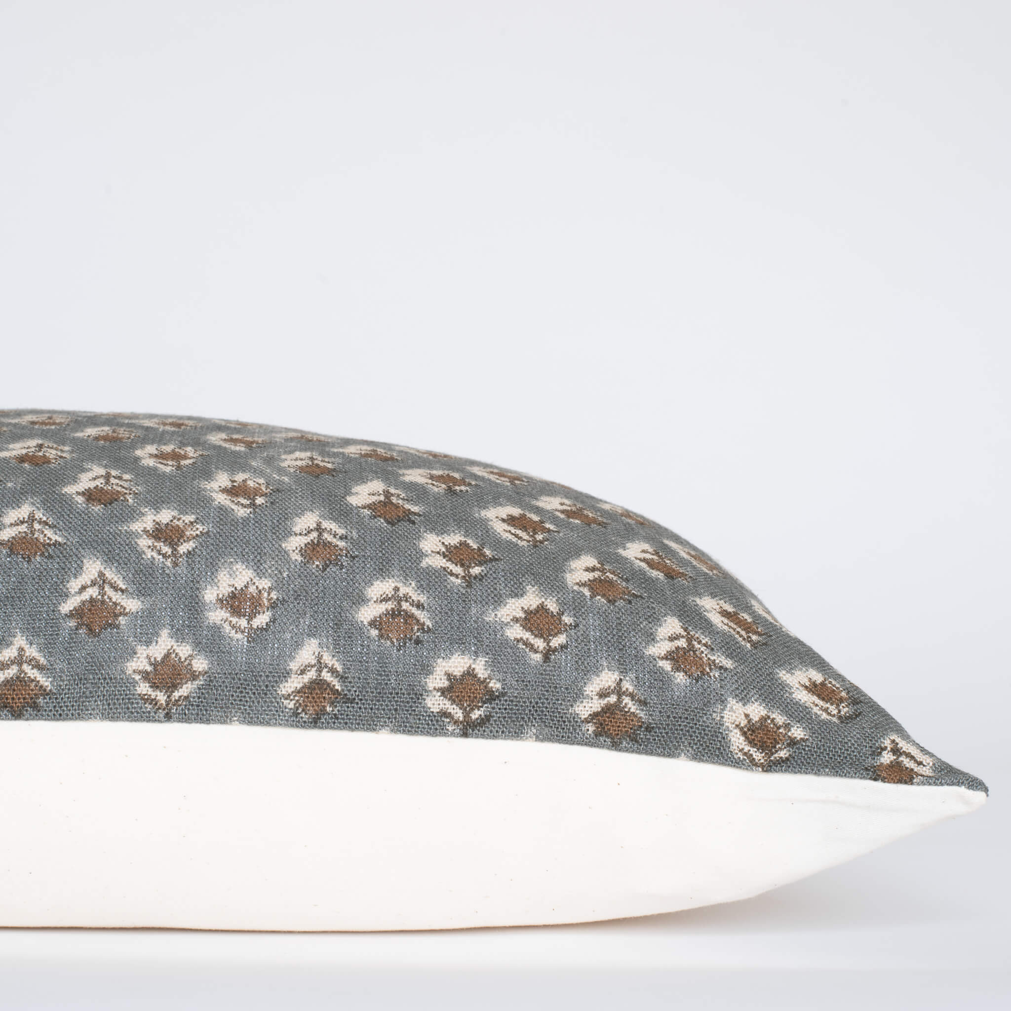 Aster Floral Block Printed Pillow Cover | Blue, Brown | Long Lumbar - Image 3