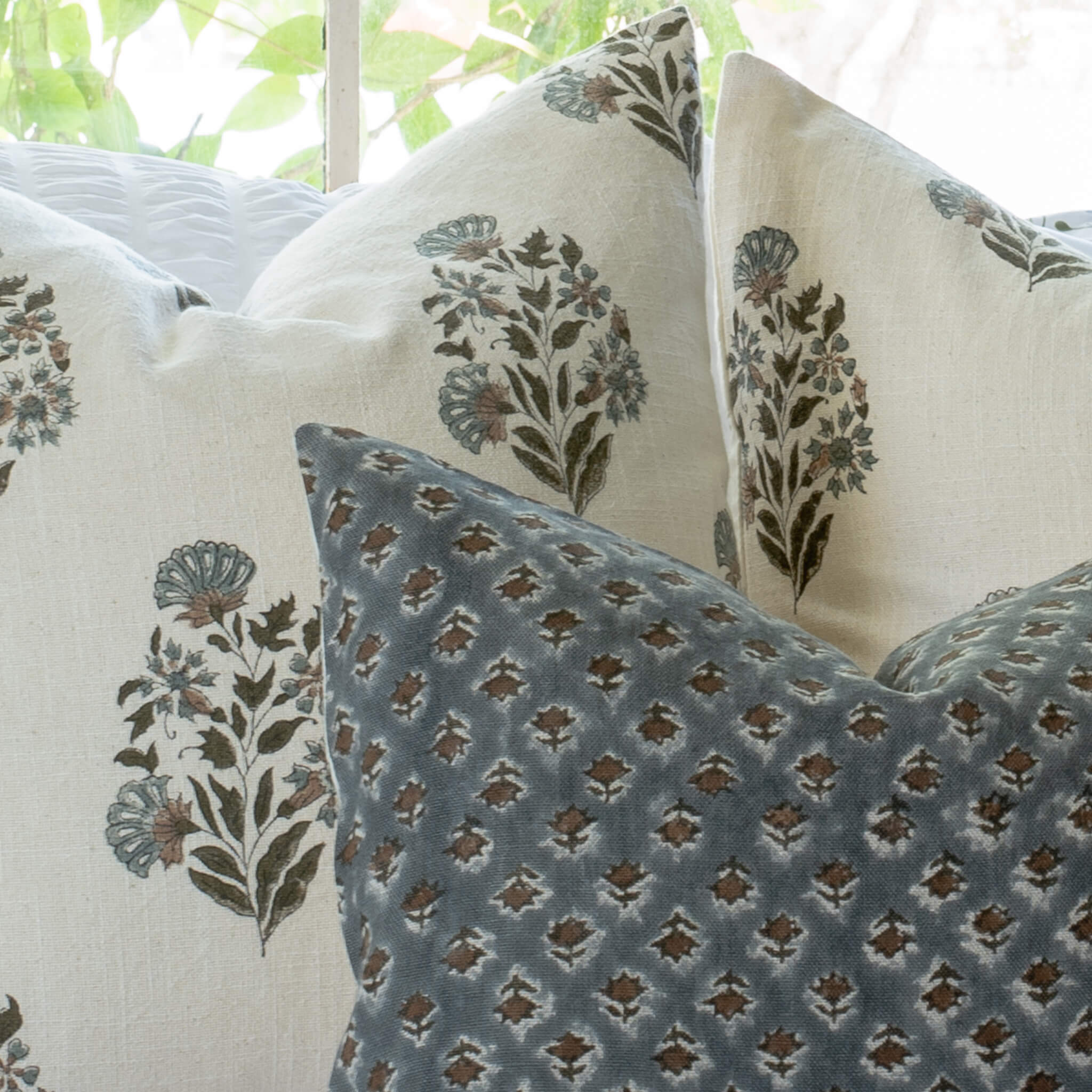 Aster Floral Block Printed Pillow Cover | Blue, Brown | Lumbar - Image 2