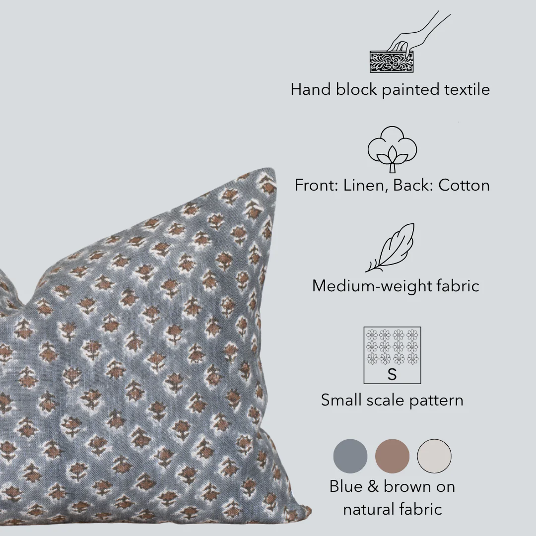Aster Floral Block Printed Pillow Cover | Blue, Brown | Lumbar - Image 4