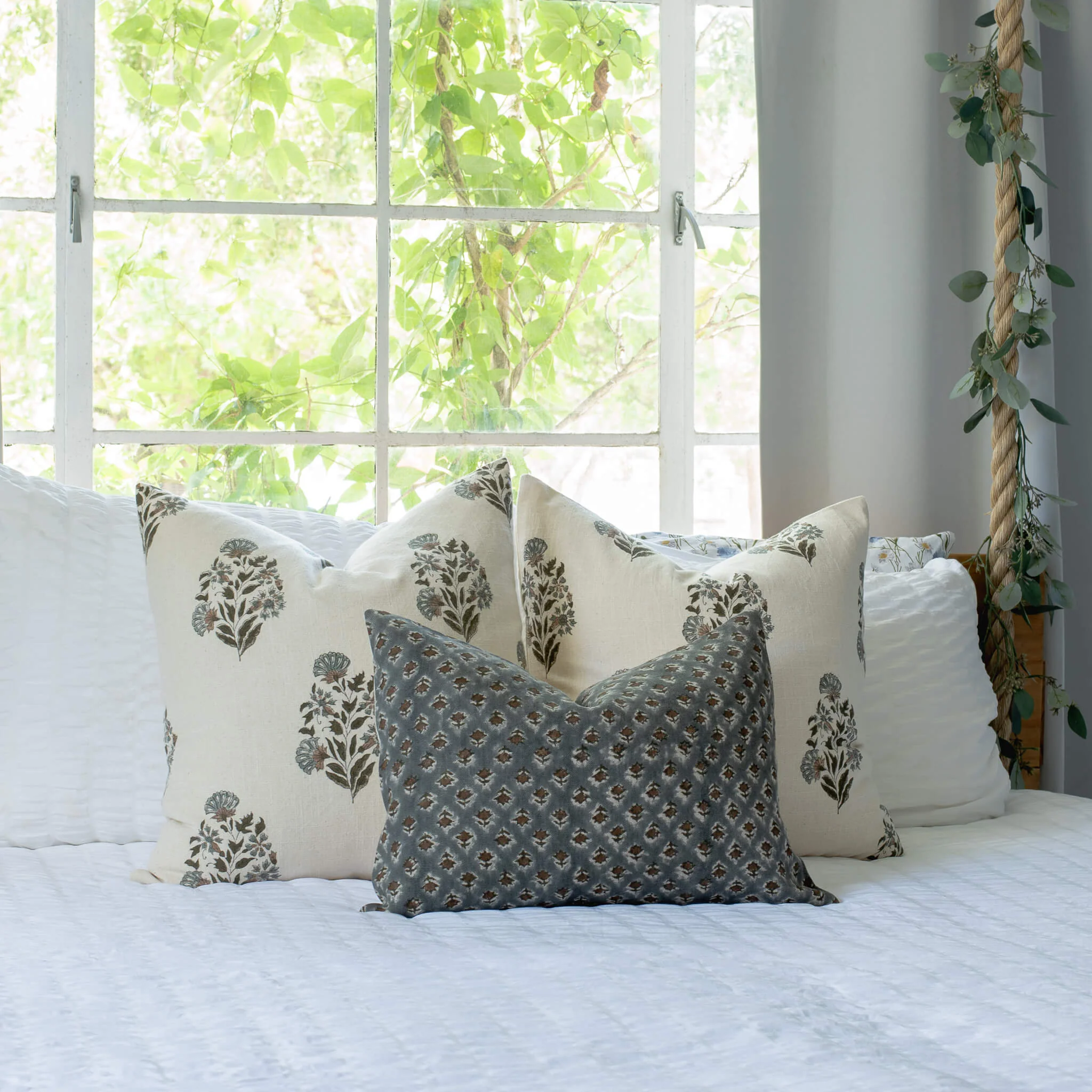 Aster Floral Block Printed Pillow Cover | Blue, Brown | Lumbar - Image 5