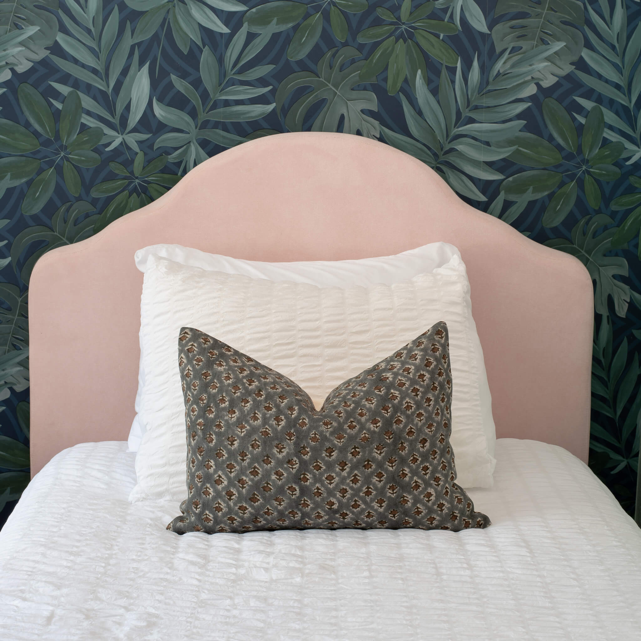 Aster Floral Block Printed Pillow Cover | Blue, Brown | Lumbar - Image 7