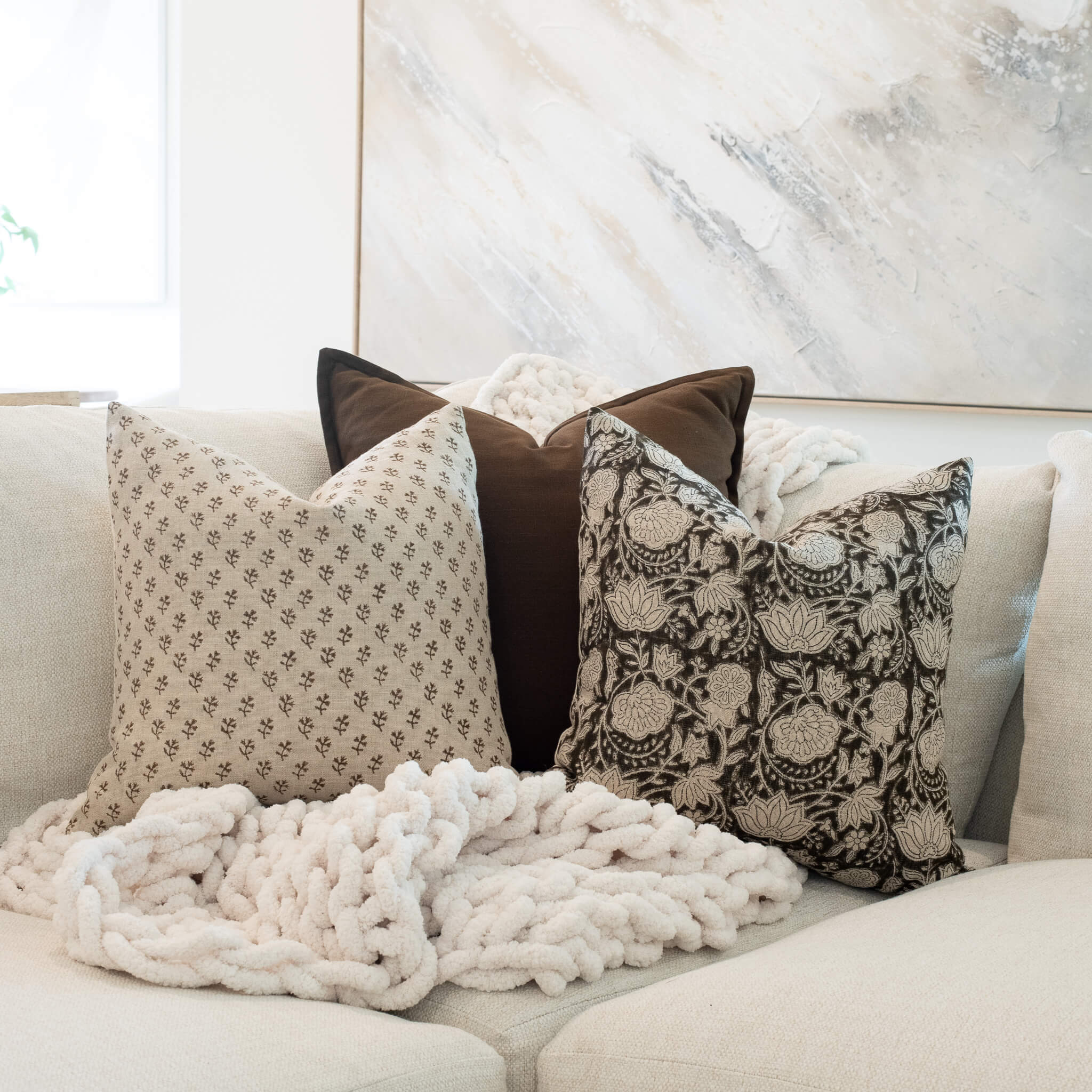 Auburn Floral Block Printed Pillow Cover | Brown - Image 2